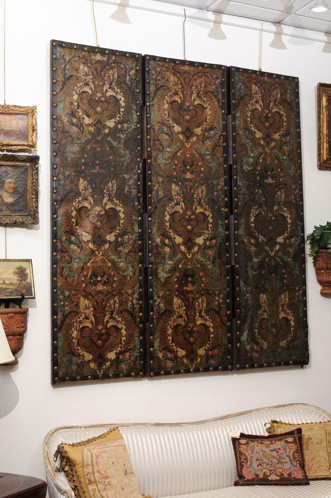 18th Century French Folding Embossed Leather Screen with 3 Panels 6