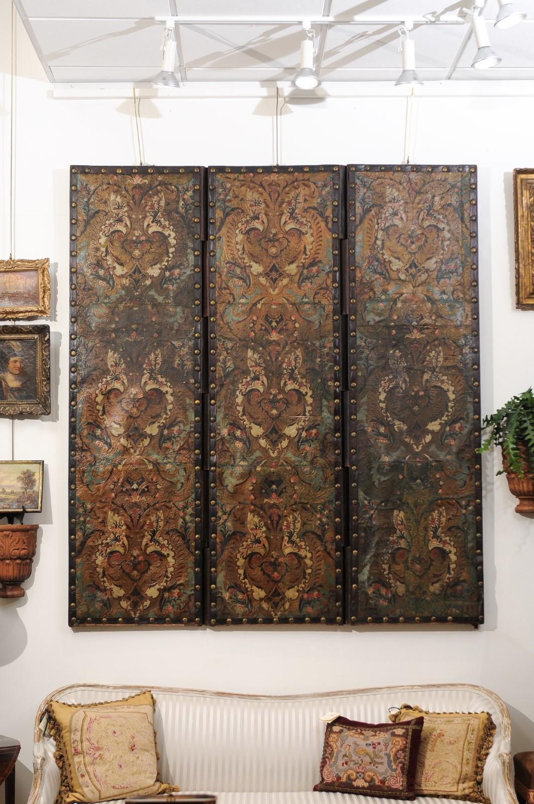 18th Century French Folding Embossed Leather Screen with 3 Panels

24″ W (each Panel) X 83″ H