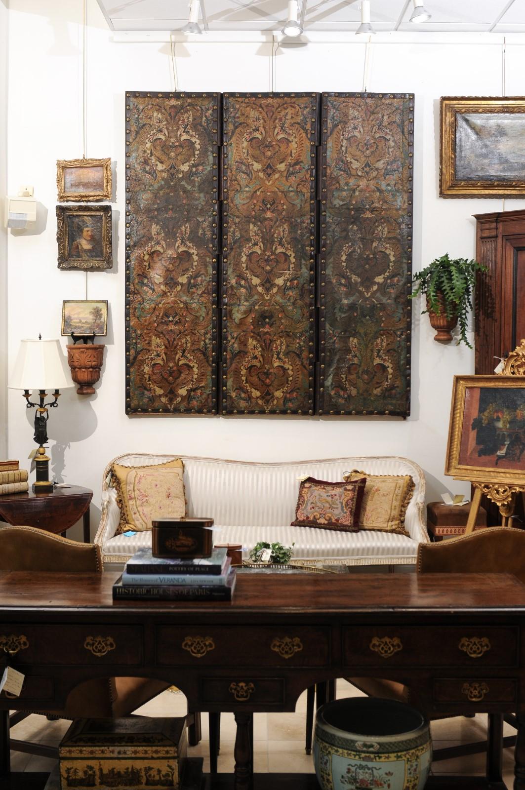 18th Century French Folding Embossed Leather Screen with 3 Panels In Fair Condition In Atlanta, GA