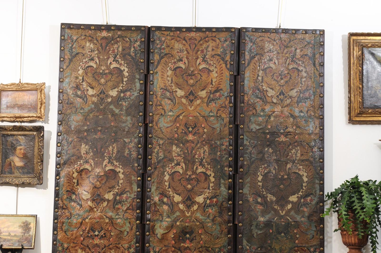 18th Century and Earlier 18th Century French Folding Embossed Leather Screen with 3 Panels
