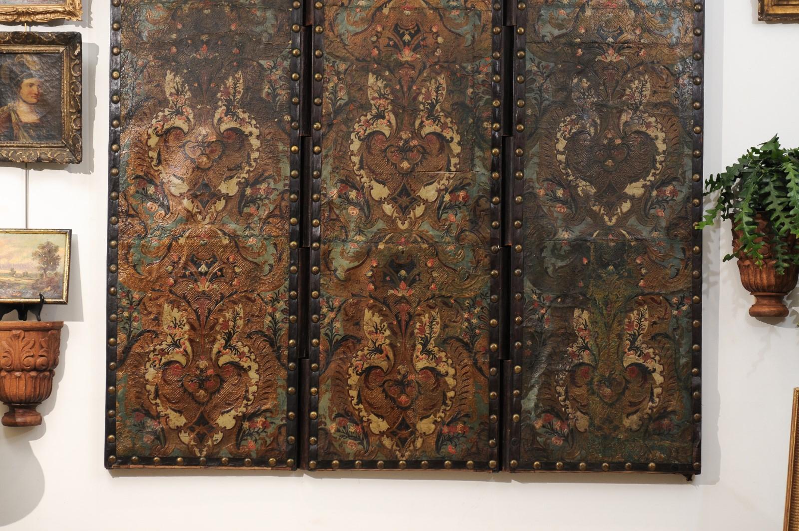 18th Century French Folding Embossed Leather Screen with 3 Panels 1