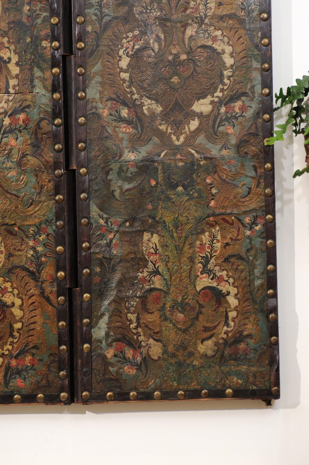 18th Century French Folding Embossed Leather Screen with 3 Panels 2