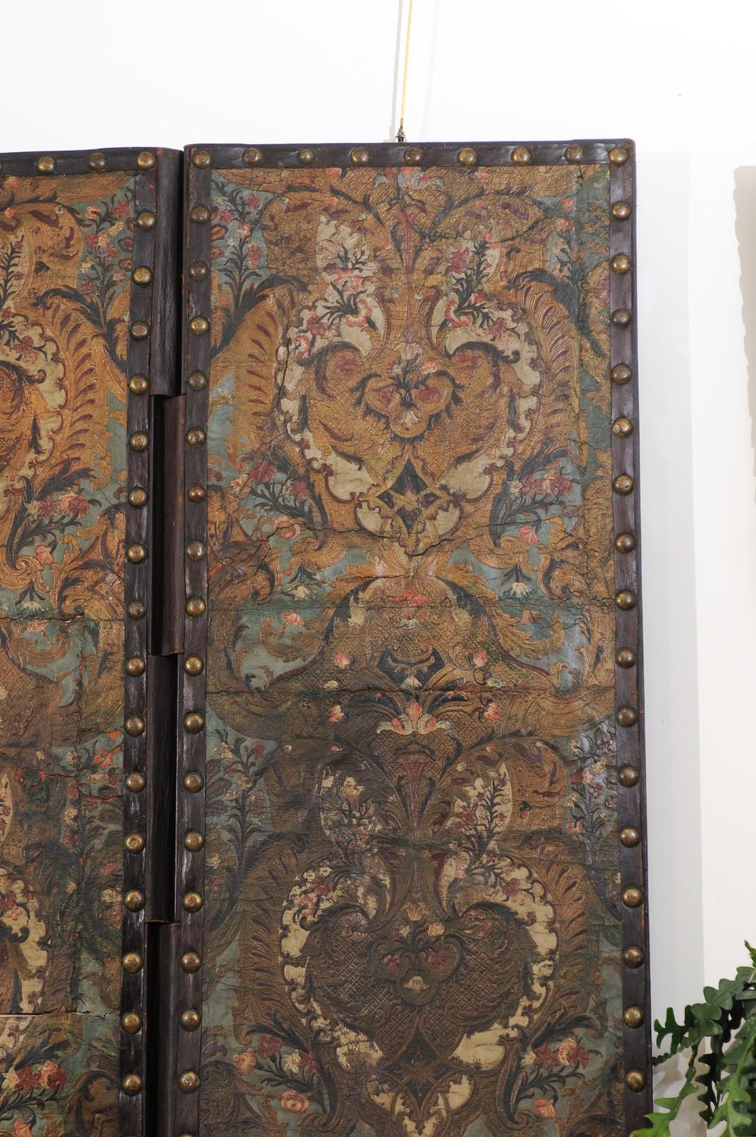 18th Century French Folding Embossed Leather Screen with 3 Panels 3