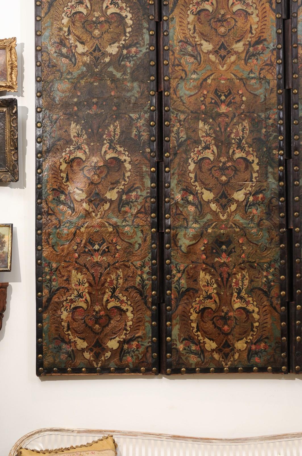 18th Century French Folding Embossed Leather Screen with 3 Panels 4