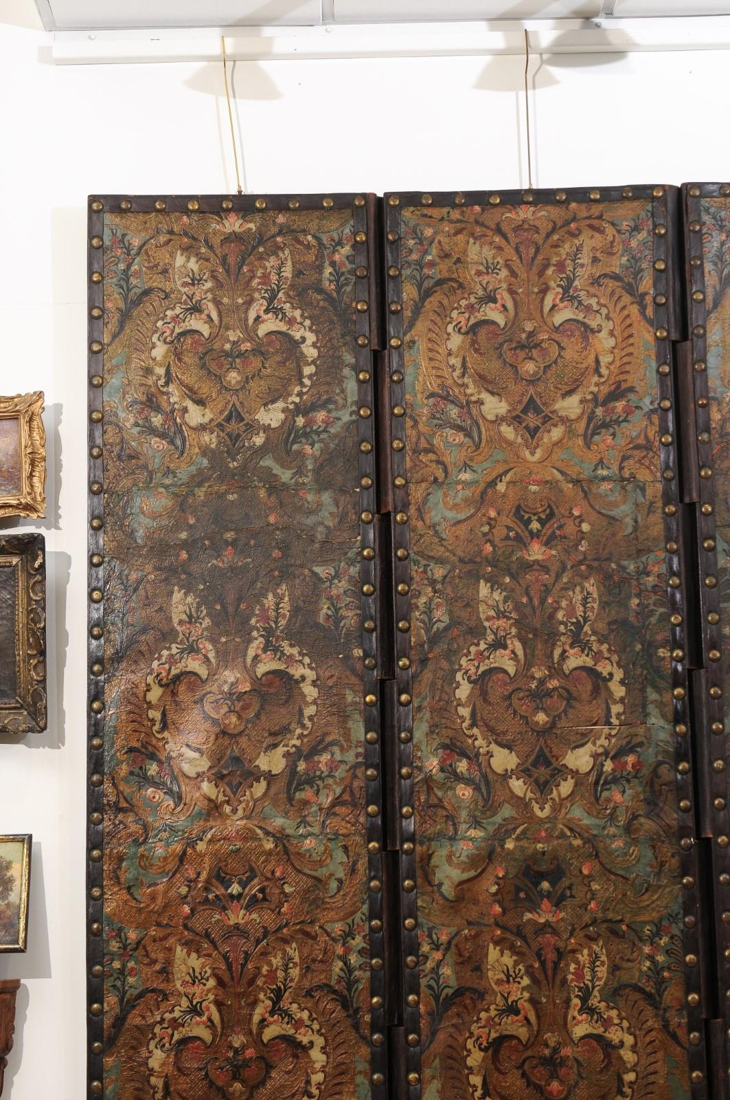 18th Century French Folding Embossed Leather Screen with 3 Panels 5