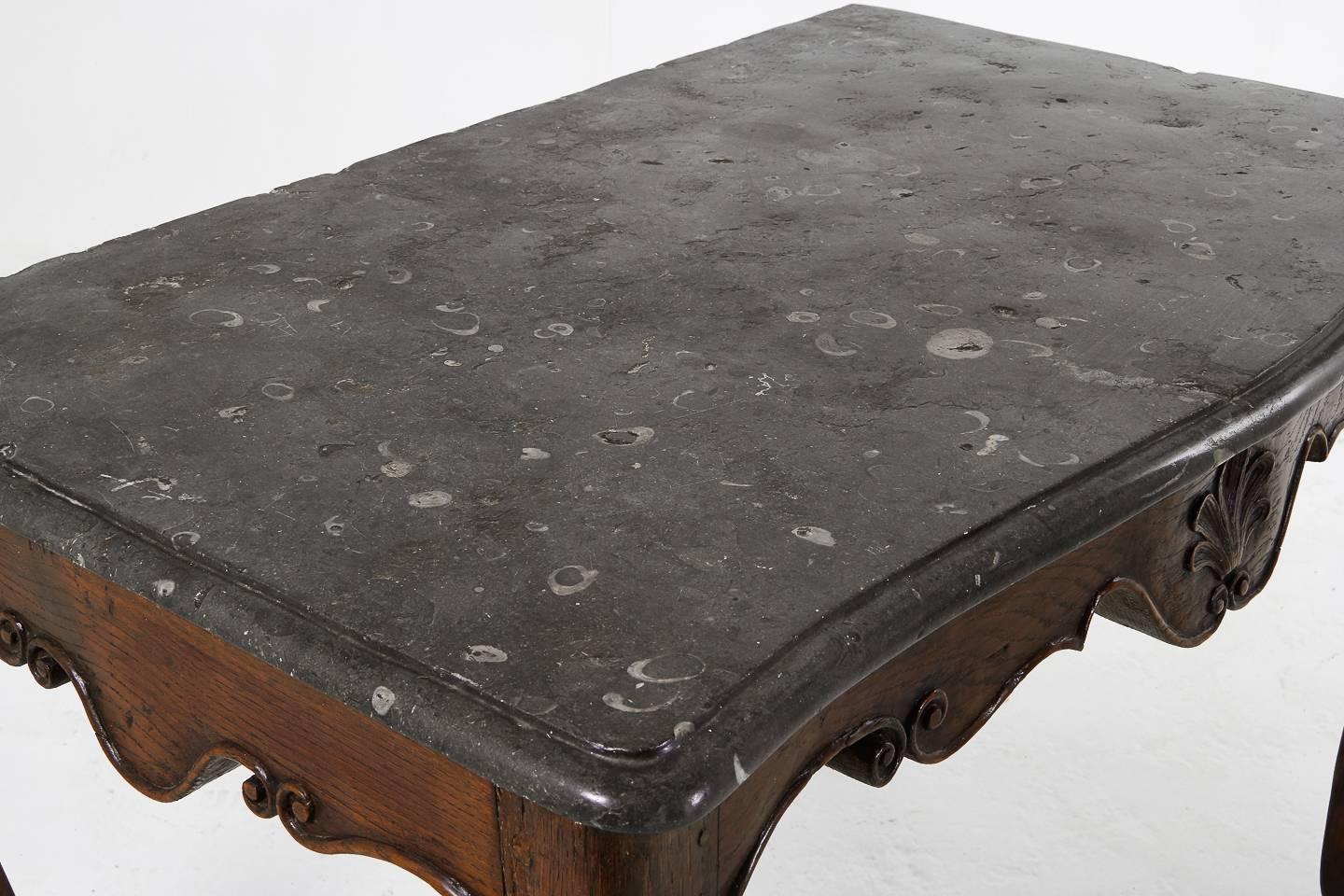 Louis XV 18th Century French Fossil Marble-Top Carved Oak Console Table For Sale