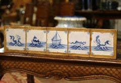18th Century French Framed Plaque with 5 Blue and White Painted Delft Tiles
