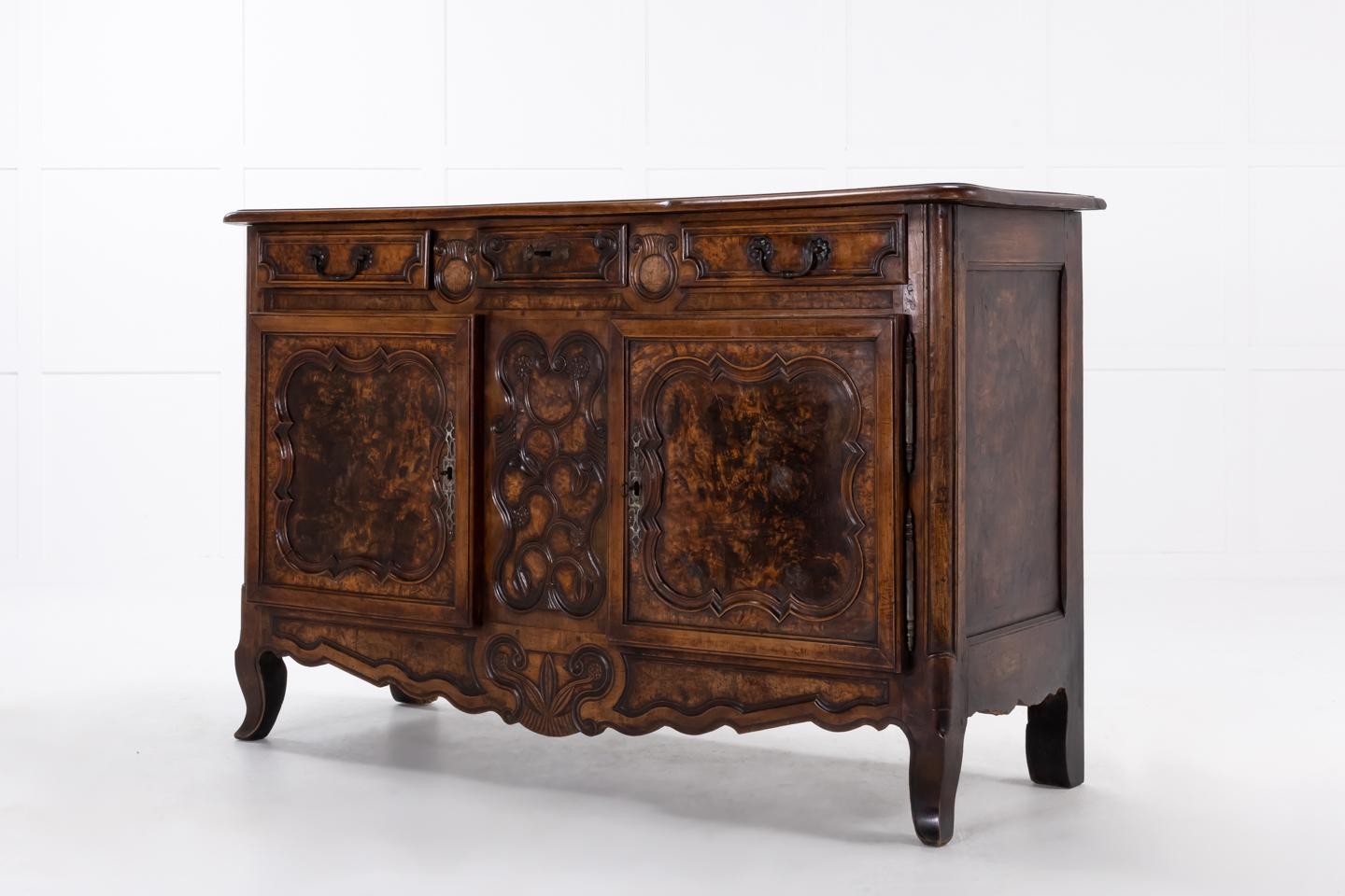 18th century French fruitwood and burr ash buffet with rich original patina and color.