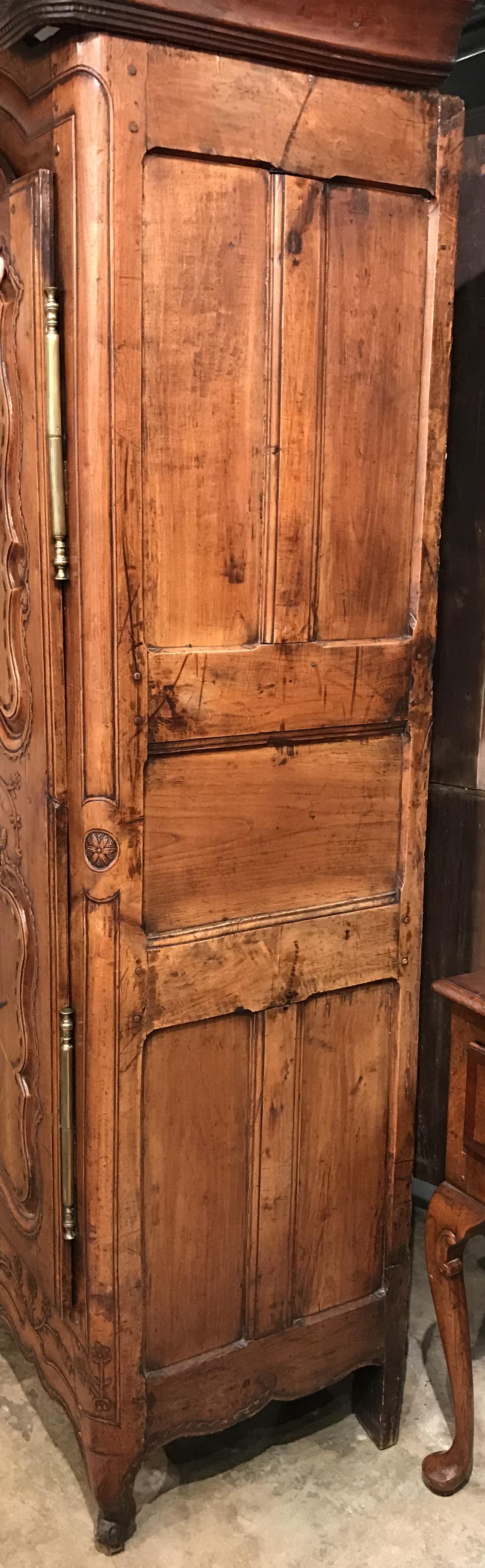 18th Century French Fruitwood Carved and Inlaid Armoire with Shelves 3