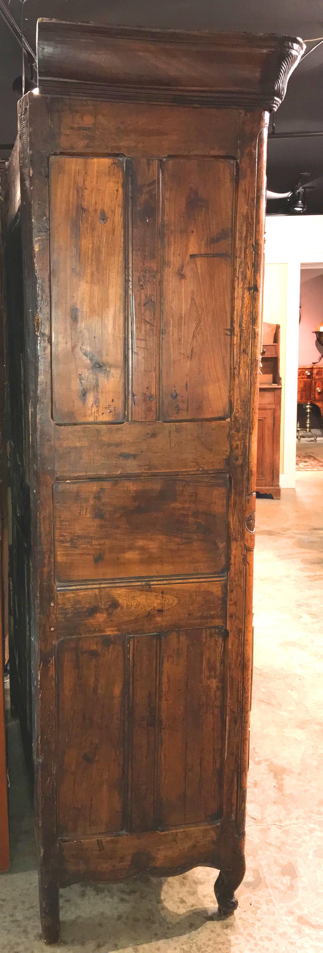 18th Century French Fruitwood Carved and Inlaid Armoire with Shelves 4