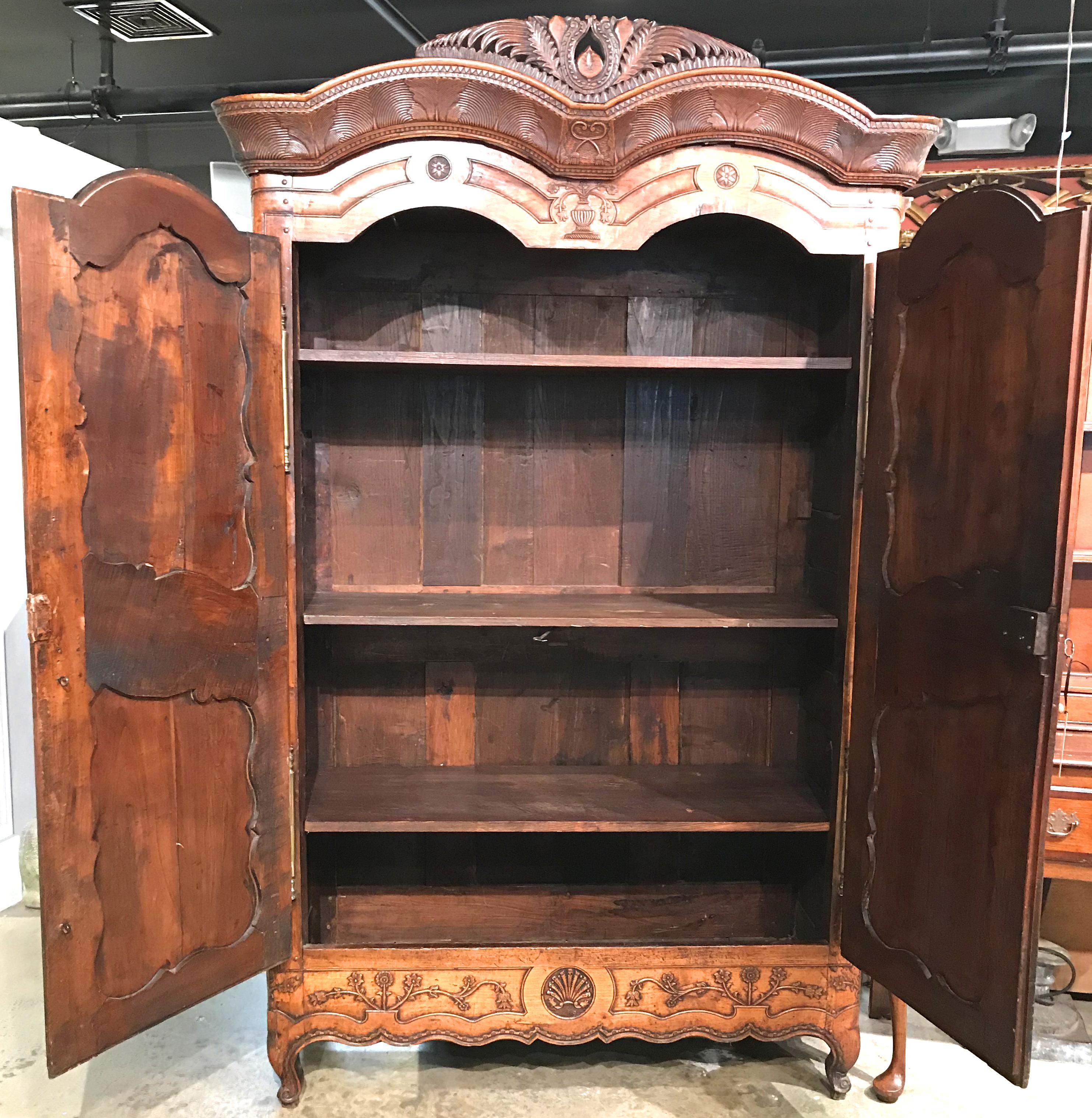 Hand-Carved 18th Century French Fruitwood Carved and Inlaid Armoire with Shelves