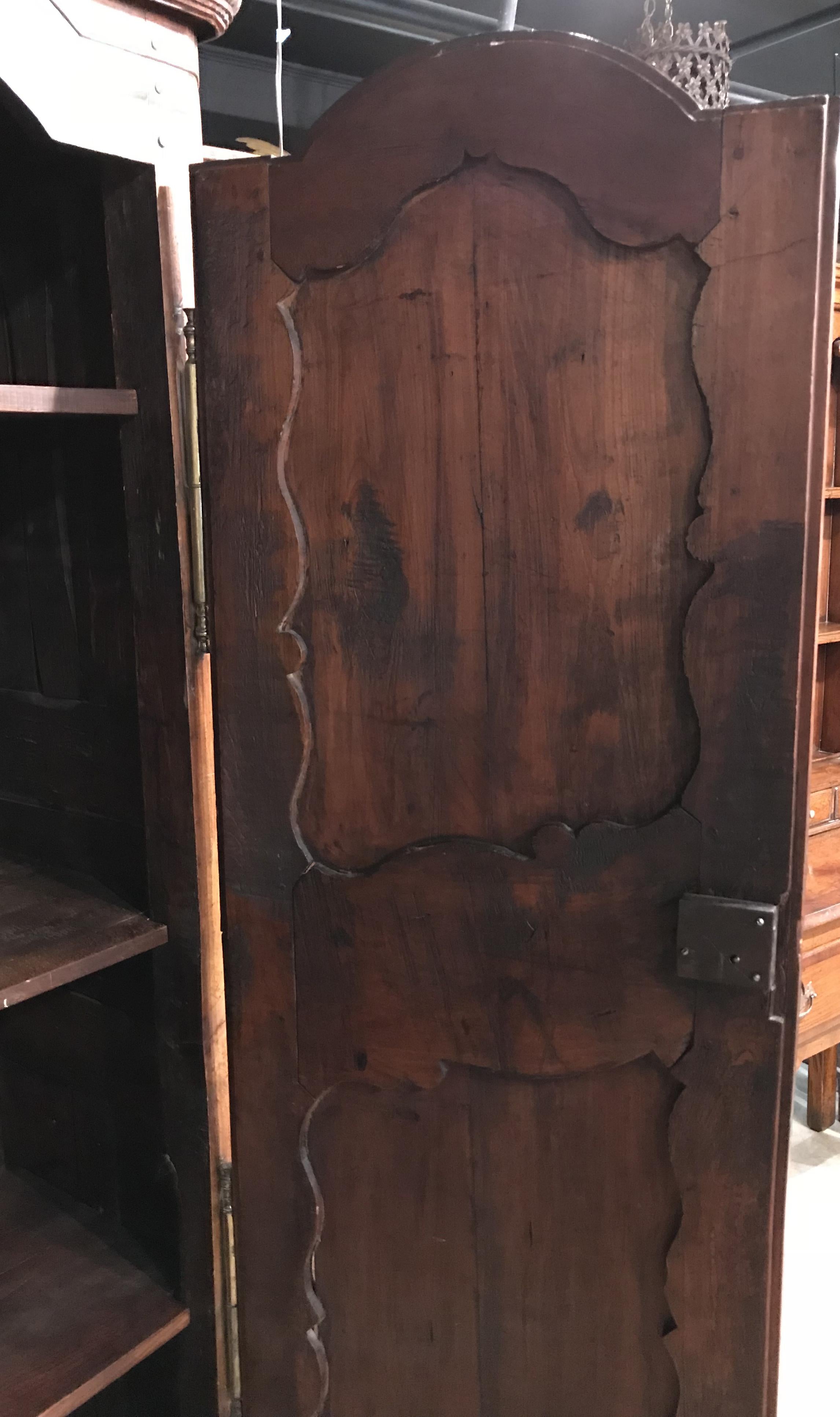 18th Century French Fruitwood Carved and Inlaid Armoire with Shelves In Good Condition In Milford, NH