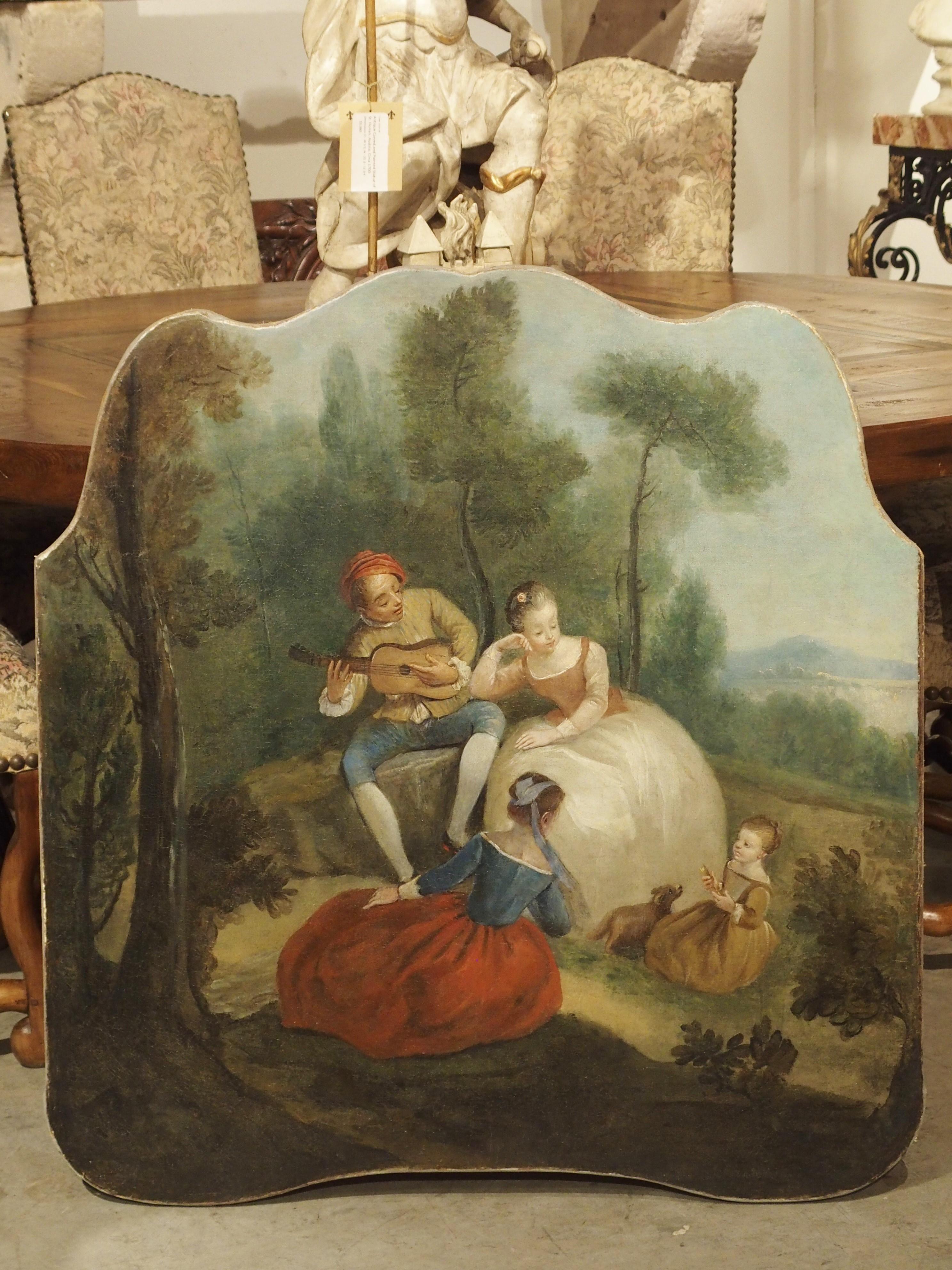 Dieses farbenfrohe und fröhliche Genrebild stammt aus Frankreich, ca. 1770. Genrebilder zeigen Menschen bei alltäglichen Aktivitäten wie Picknicks, Spaziergängen durch einen Park oder romantischen Szenen. Im 17. und 18. Jahrhundert stammten die