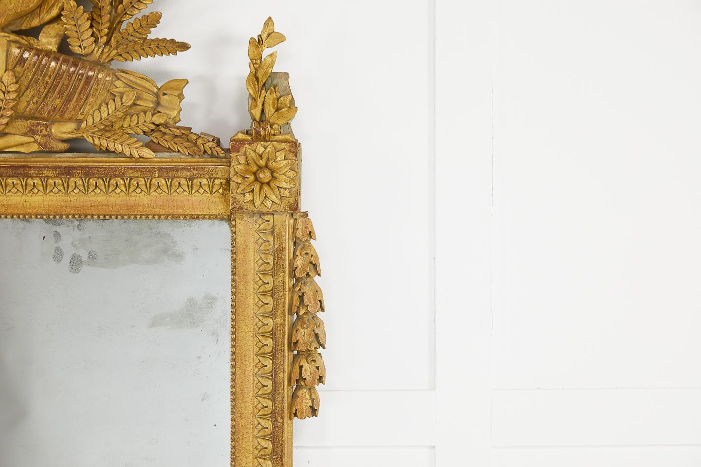 miroir doré français du XVIIIe siècle avec colombes et feuillages sculptés, conservant sa belle dorure d'origine délavée.
 