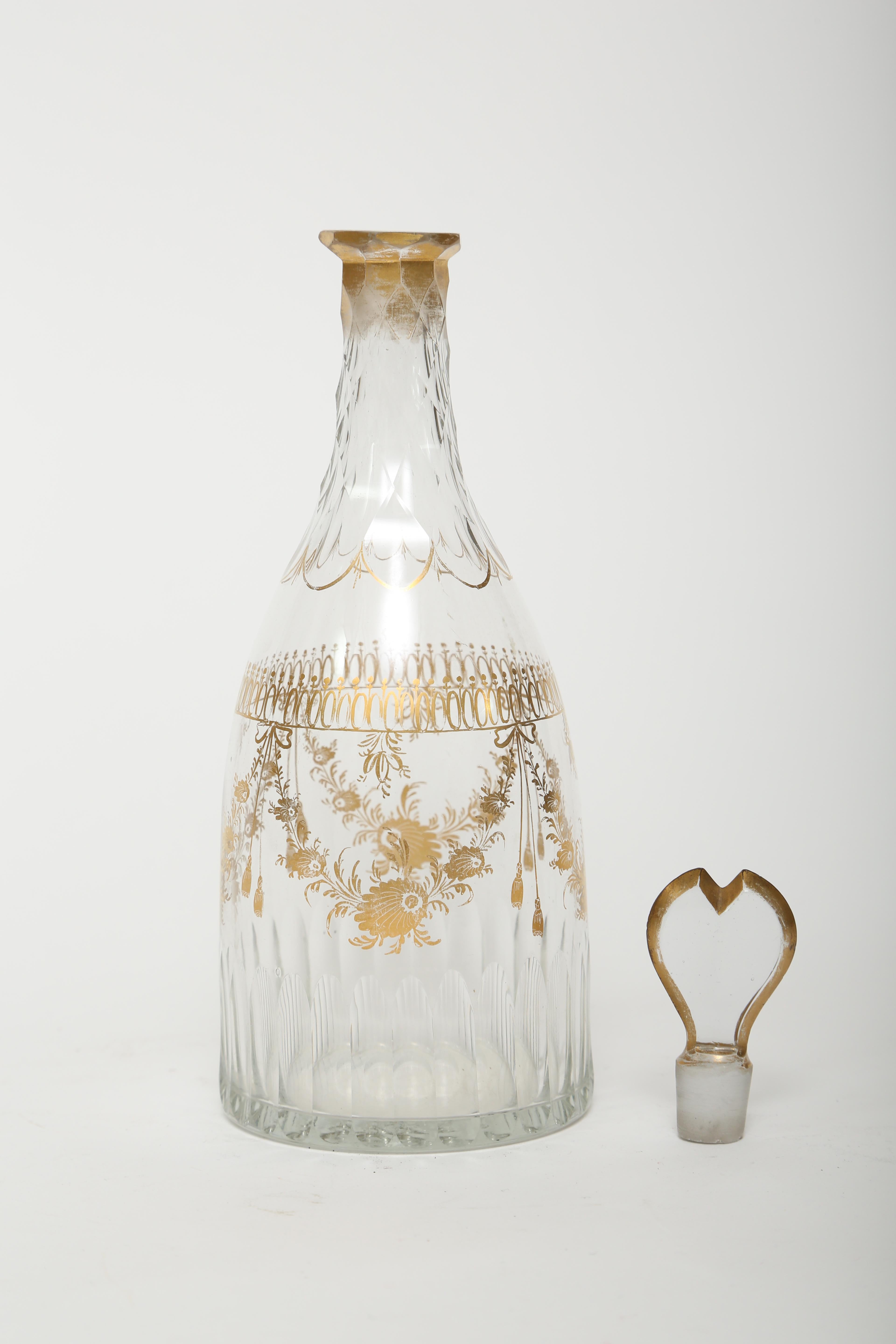Antique 18th century blown decanter and single glass. (There is a second glass with a repair which will be included at no charge). This style of decanter so popular in the eighteenth century is referred to as a tapered body. The neck is silesian cut