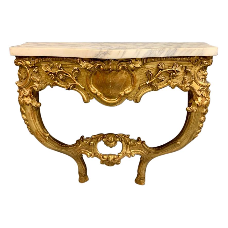 18th Century French Gilt Wall Mounted Console Table with Marble Top