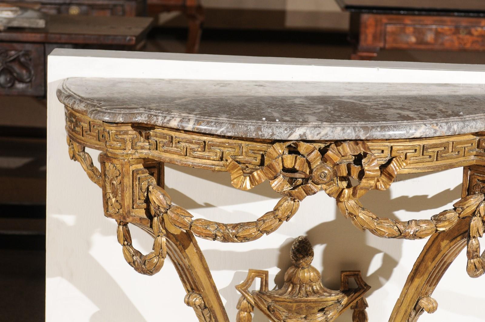 Hand-Carved 18th Century French Giltwood Console with Marble Top For Sale