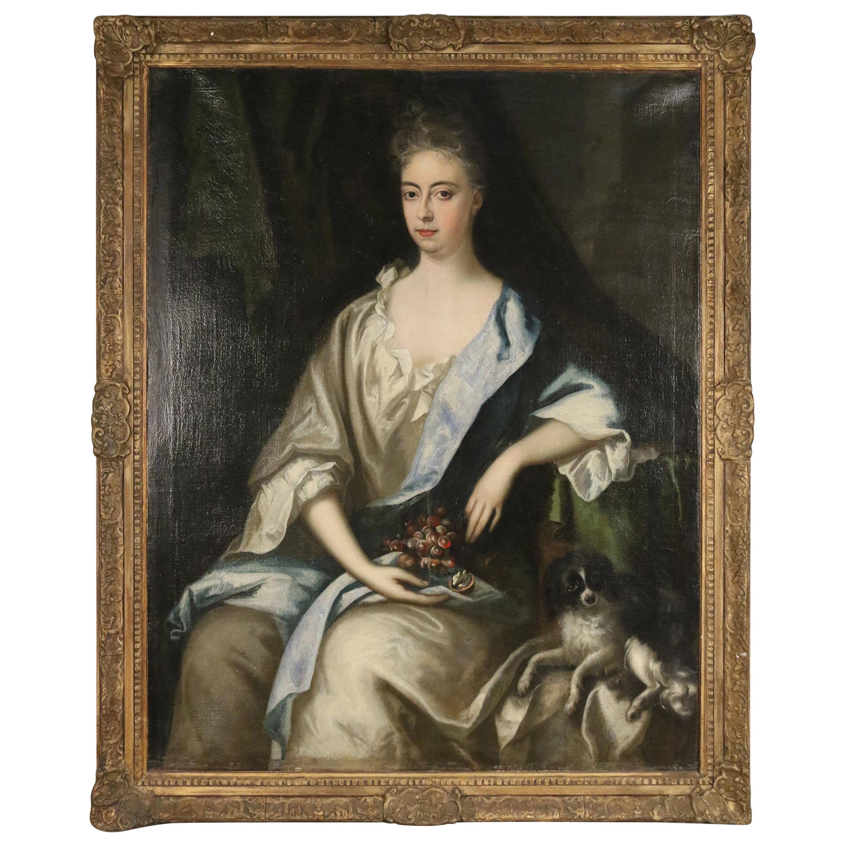 Peinture à l'huile du 18ème siècle - Portrait français d'une femme dans un cadre en bois doré en vente
