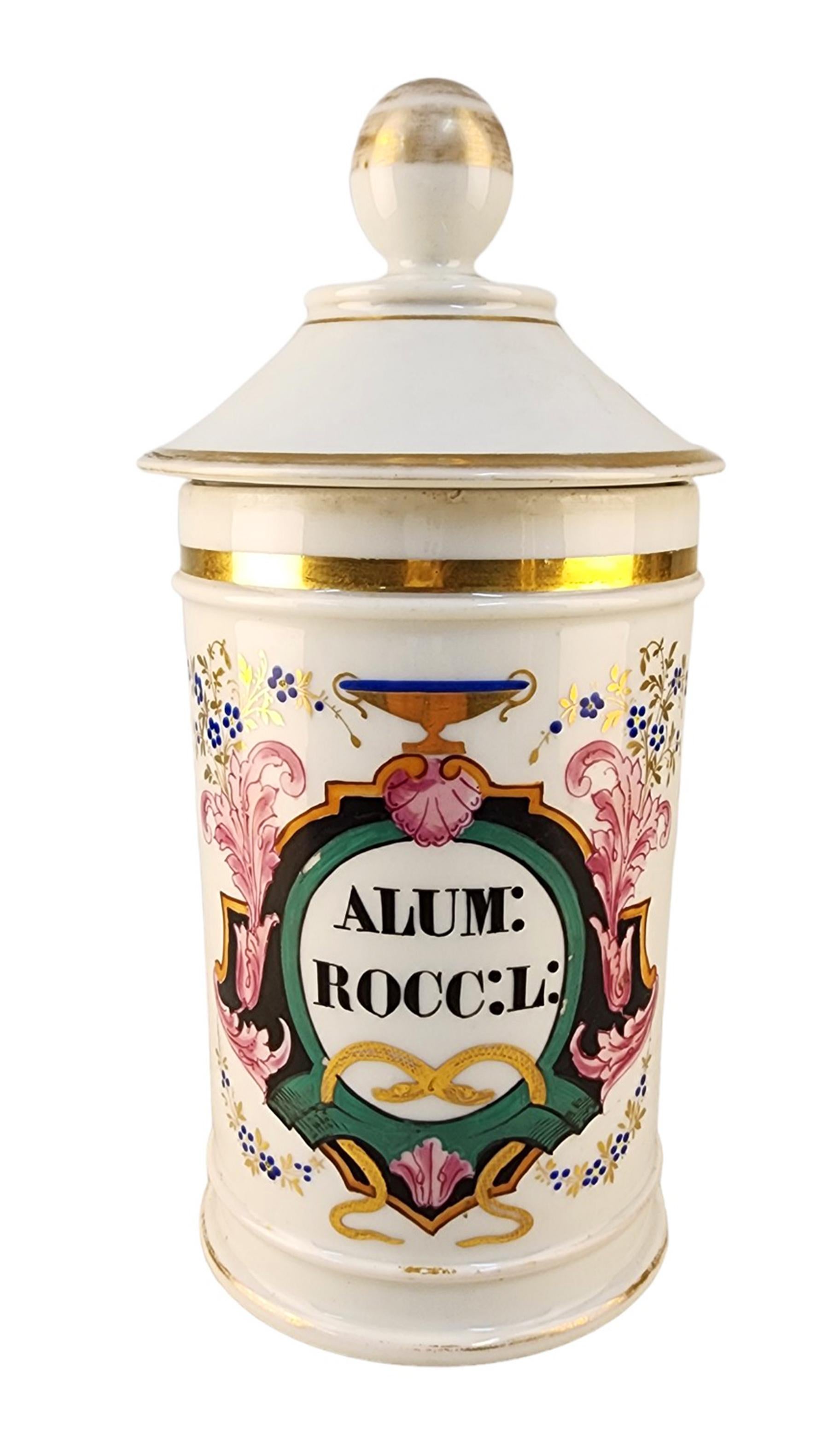 Late 18th Century french glazed porcelain apothecary/pharmacy jar with lid - 'ALUM: ROCC: L:'

By: Charles-Antoine Acloque
Material: ceramic, porcelain, paint, enamel
Technique: molded, pressed, painted, hand-painted, hand-crafted, gilt, enameled,