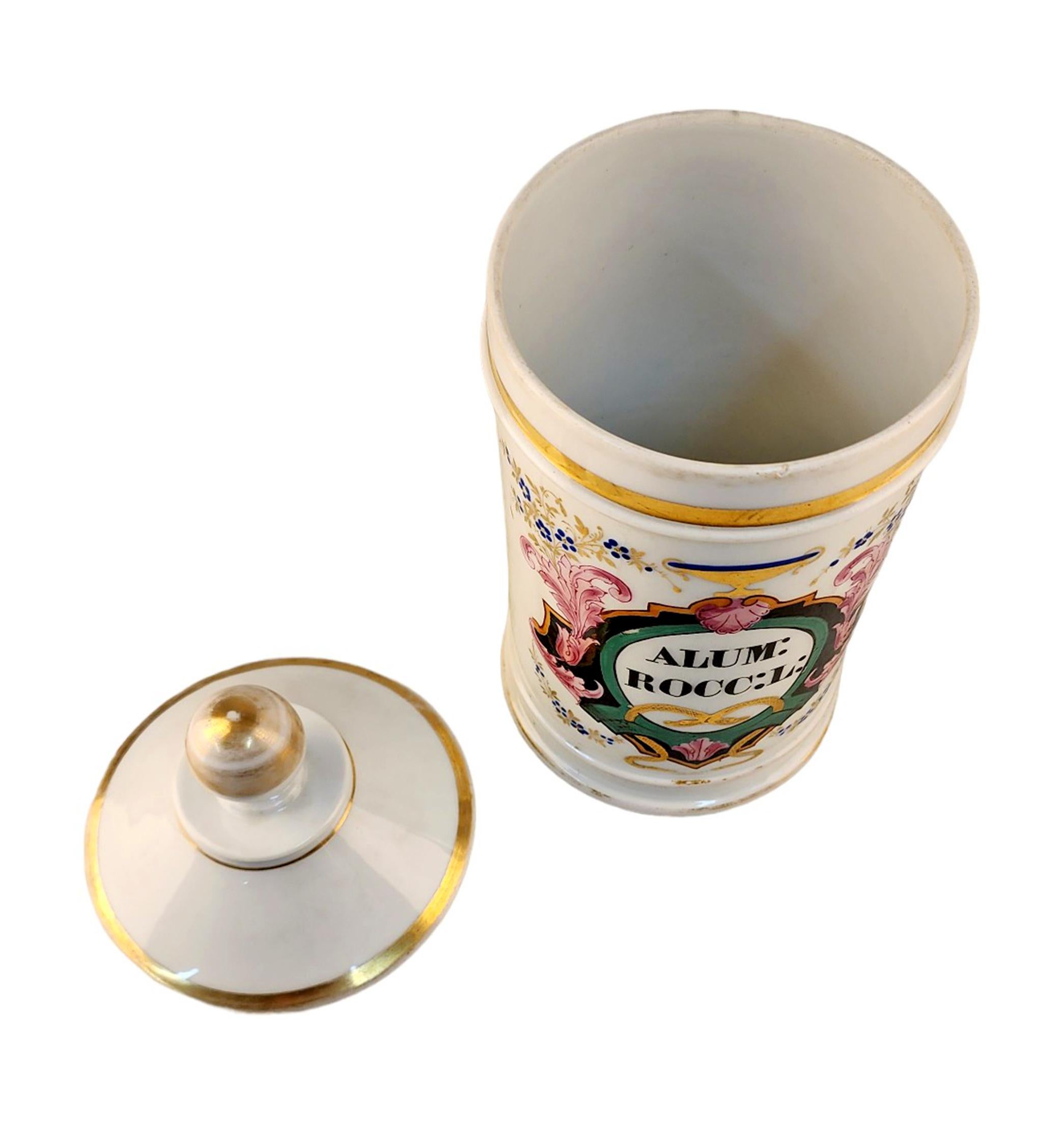 Ceramic 18th Century French Glazed Porcelain Apothecary/Pharmacy Jar - 'ALUM: ROCC: L:' For Sale