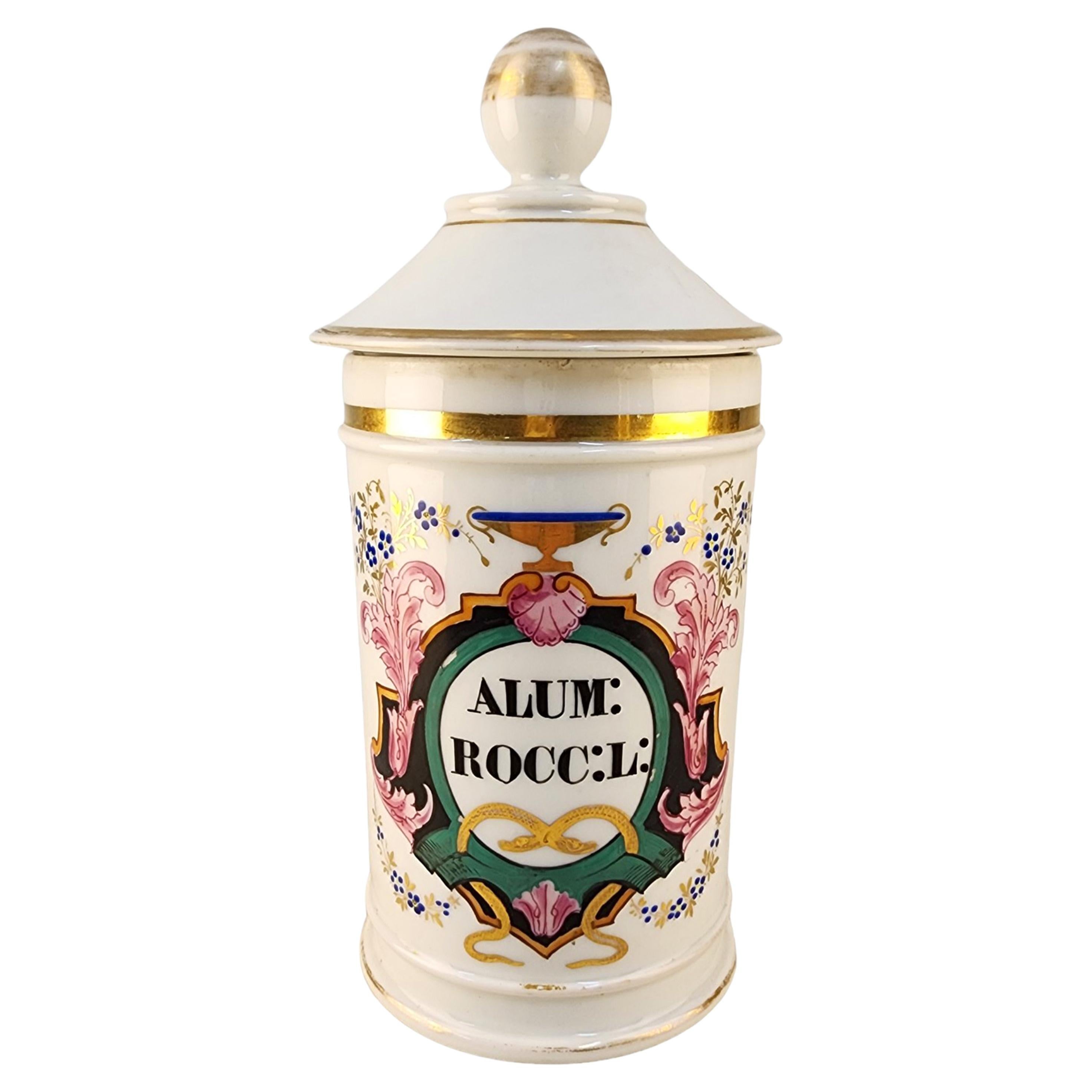 18th Century French Glazed Porcelain Apothecary/Pharmacy Jar - 'ALUM: ROCC: L:'