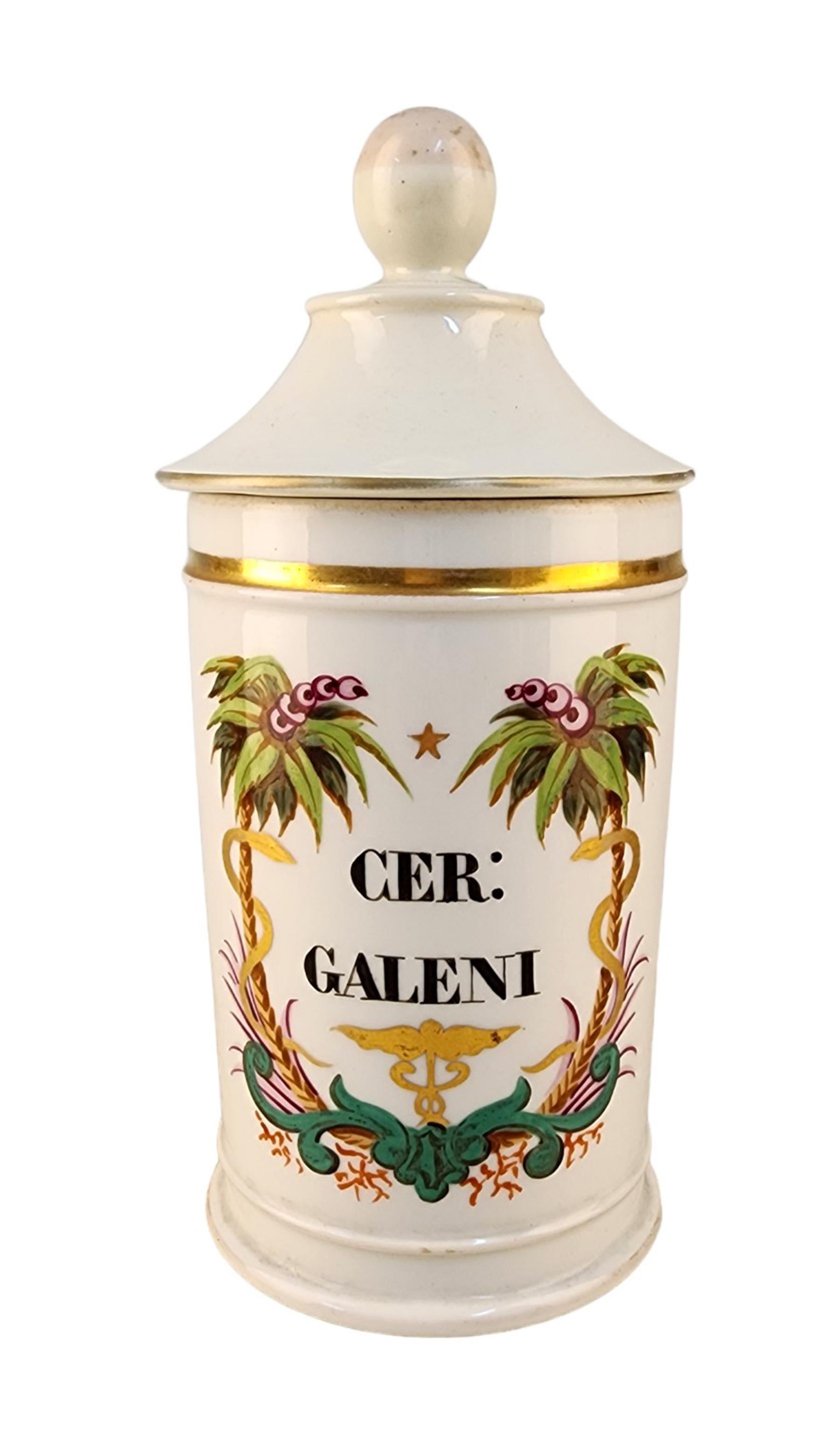 Late 18th Century french glazed porcelain apothecary/pharmacy jar with lid - 'CER: GALENI'

By: Charles-Antoine Acloque
Material: ceramic, porcelain, paint, enamel
Technique: molded, pressed, painted, hand-painted, hand-crafted, gilt, enameled,