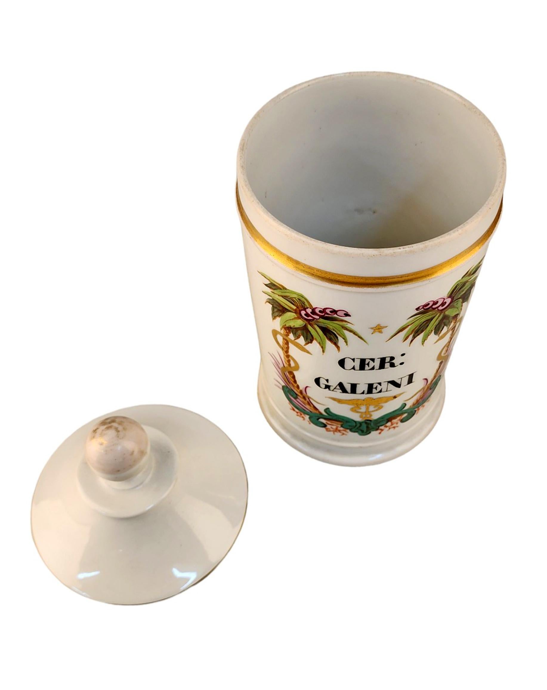 18th Century French Glazed Porcelain Apothecary/Pharmacy Jar - 'CER: GALENI' In Good Condition For Sale In North Miami, FL