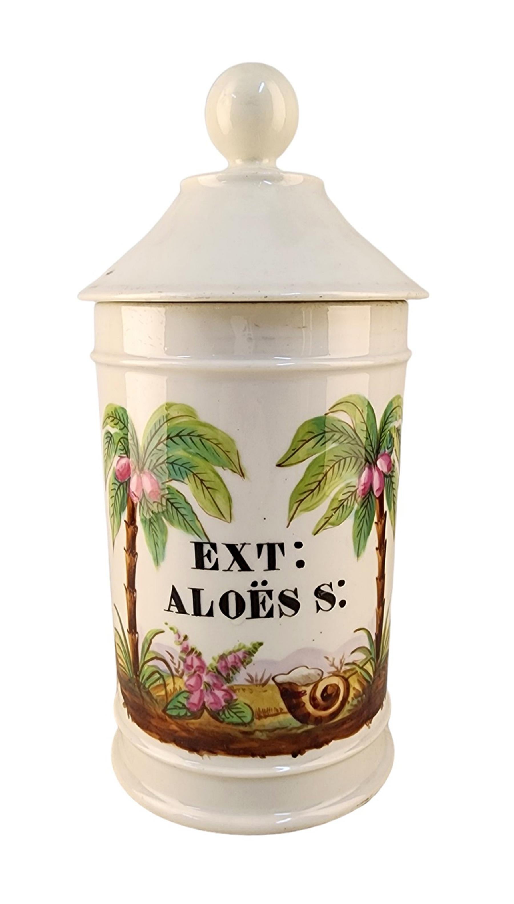 Late 18th Century french glazed porcelain apothecary/pharmacy jar with lid - 'EXT: ALOËS S:'

By: Charles-Antoine Acloque
Material: ceramic, porcelain, paint, enamel
Technique: molded, pressed, painted, hand-painted, hand-crafted, gilt, enameled,