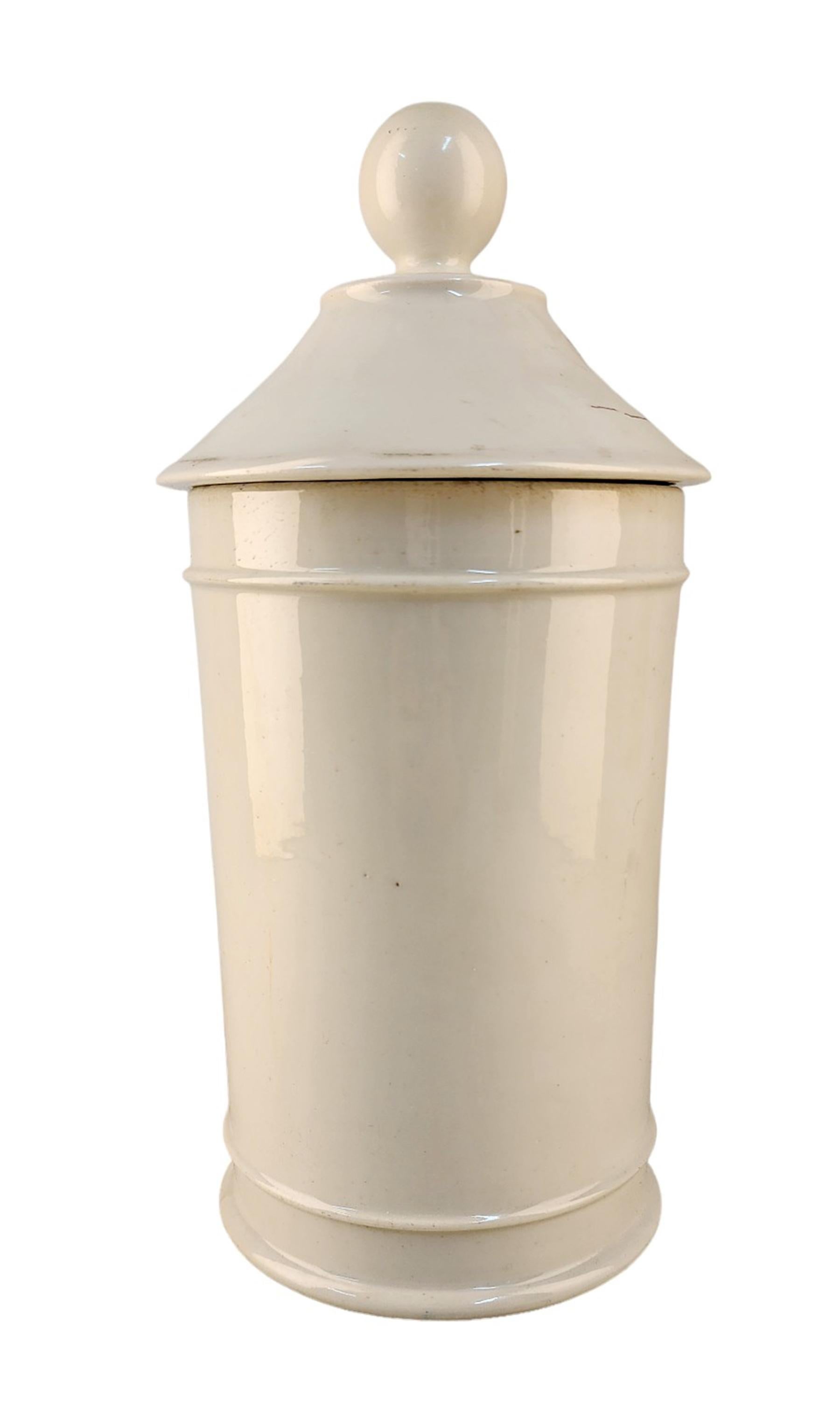 Enameled 18th Century French Glazed Porcelain Apothecary/Pharmacy Jar - 'EXT: ALOËS S:' For Sale