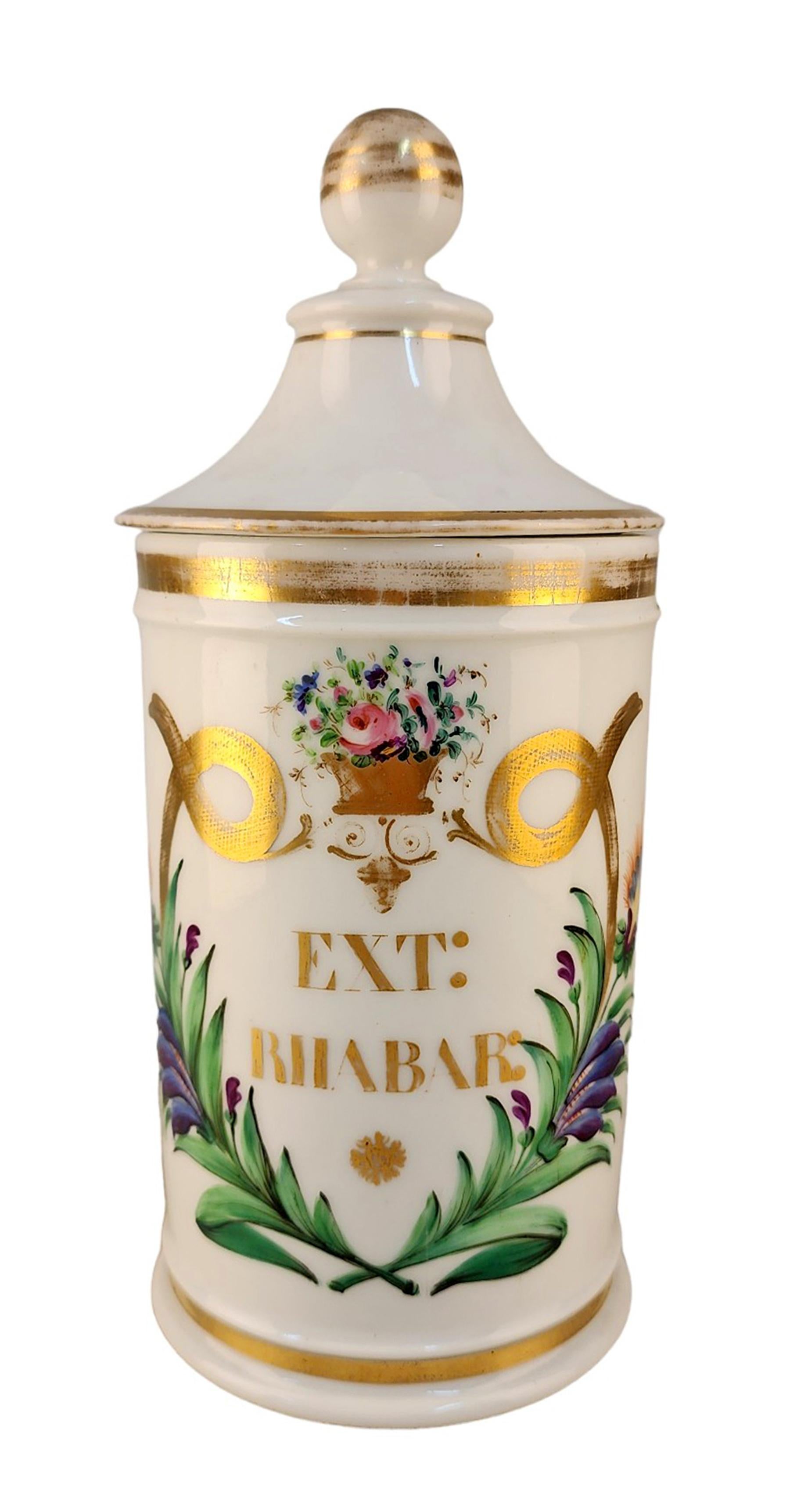 Late 18th Century french glazed porcelain apothecary/pharmacy jar with lid - 'EXT RIIABAR'

By: Charles-Antoine Acloque
Material: ceramic, porcelain, paint, enamel
Technique: molded, pressed, painted, hand-painted, hand-crafted, gilt, enameled,
