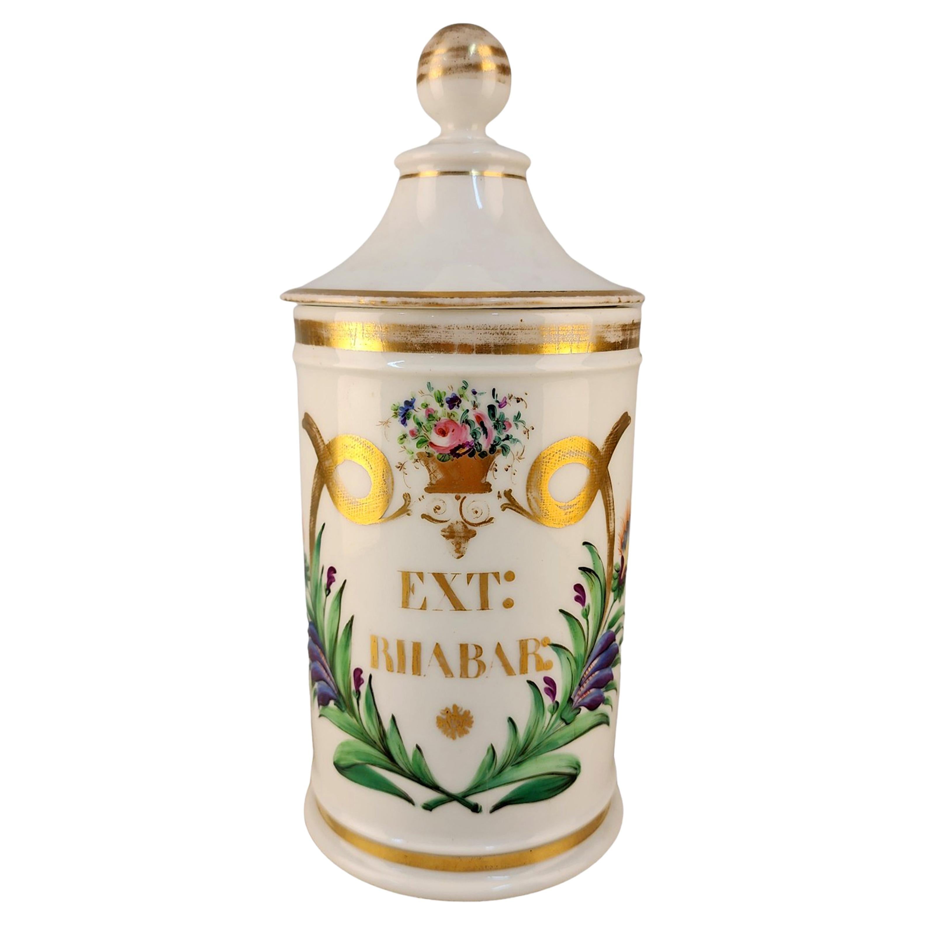 18th Century French Glazed Porcelain Apothecary/Pharmacy Jar - 'EXT RIIABAR' For Sale