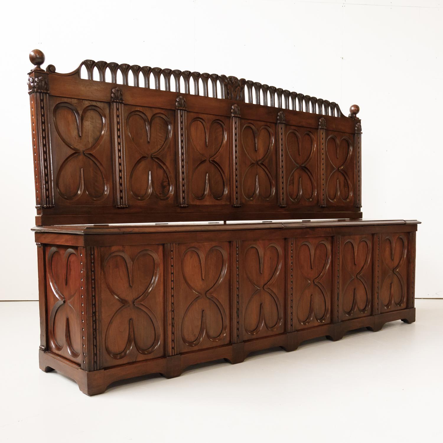 Mid-18th Century 18th Century French Gothic Revival Period Walnut Settle or Hall Bench with Lift  For Sale