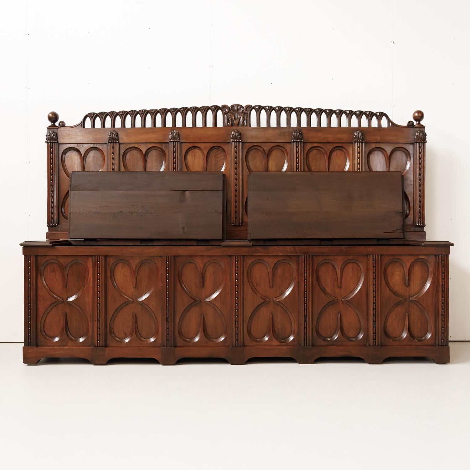 19th Century French Gothic Revival Period Walnut Settle or Hall Bench with Lift 2