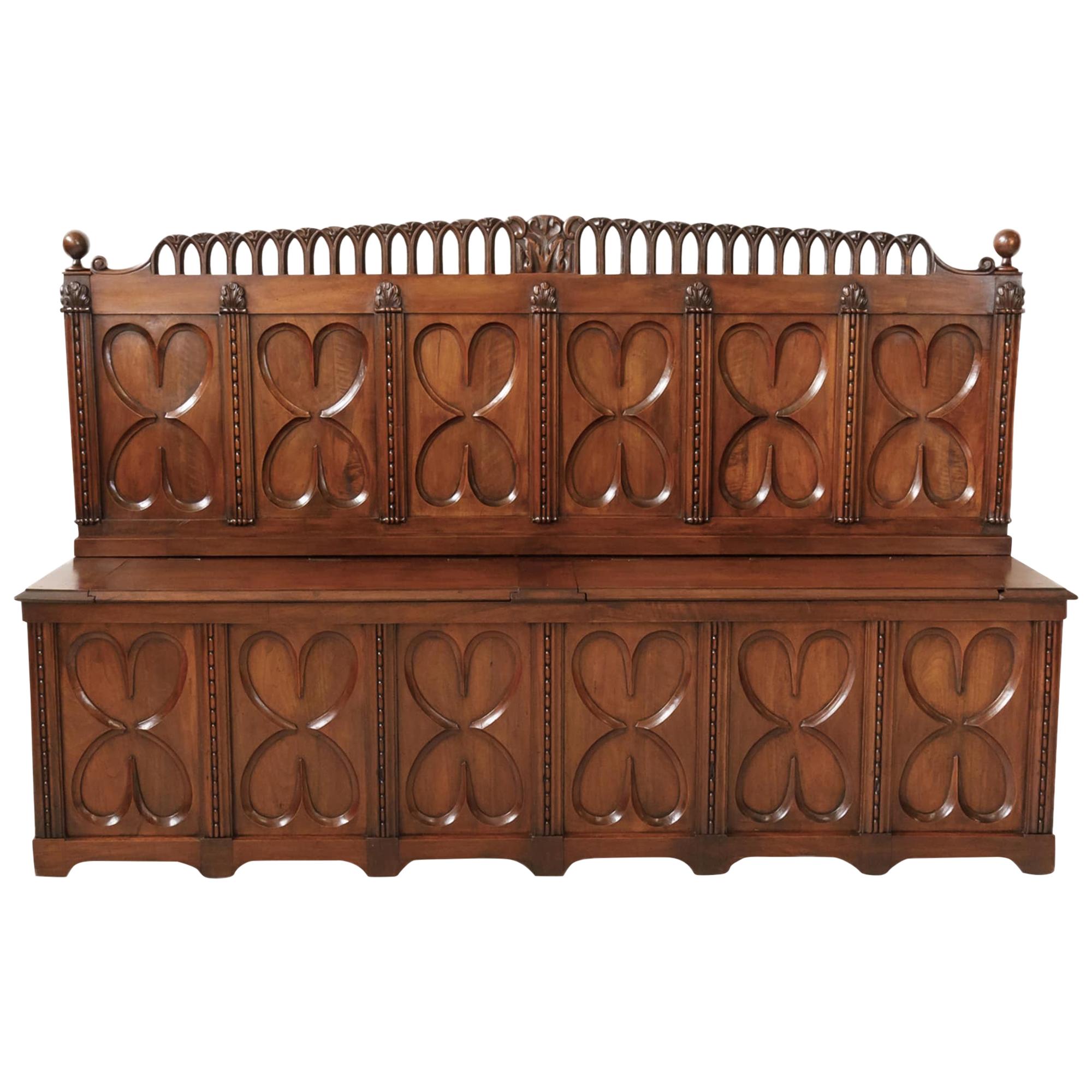18th Century French Gothic Revival Period Walnut Settle or Hall Bench with Lift  For Sale