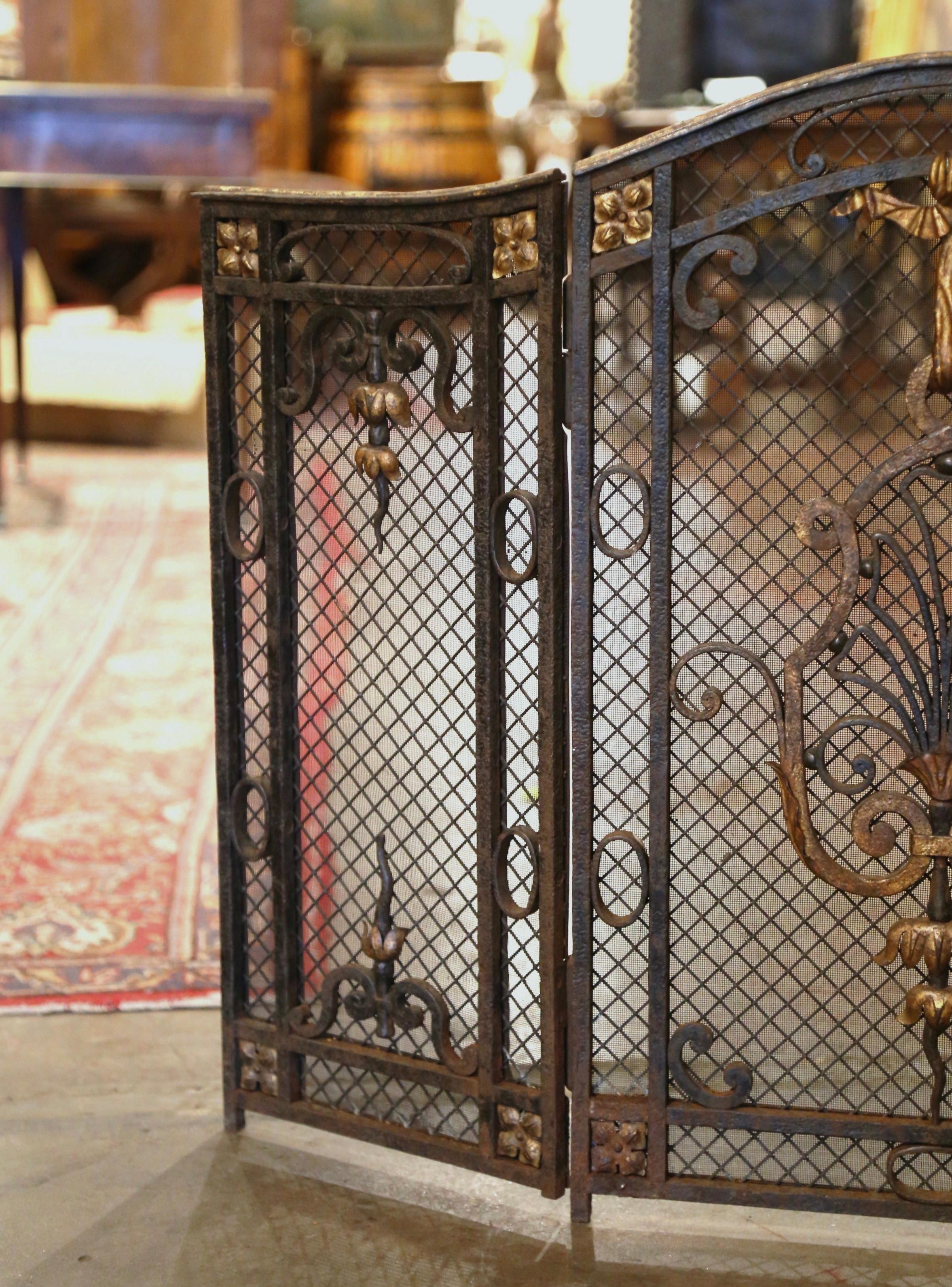 Patinated 18th Century French Gothic Wrought Iron Fireplace Screen with Mesh