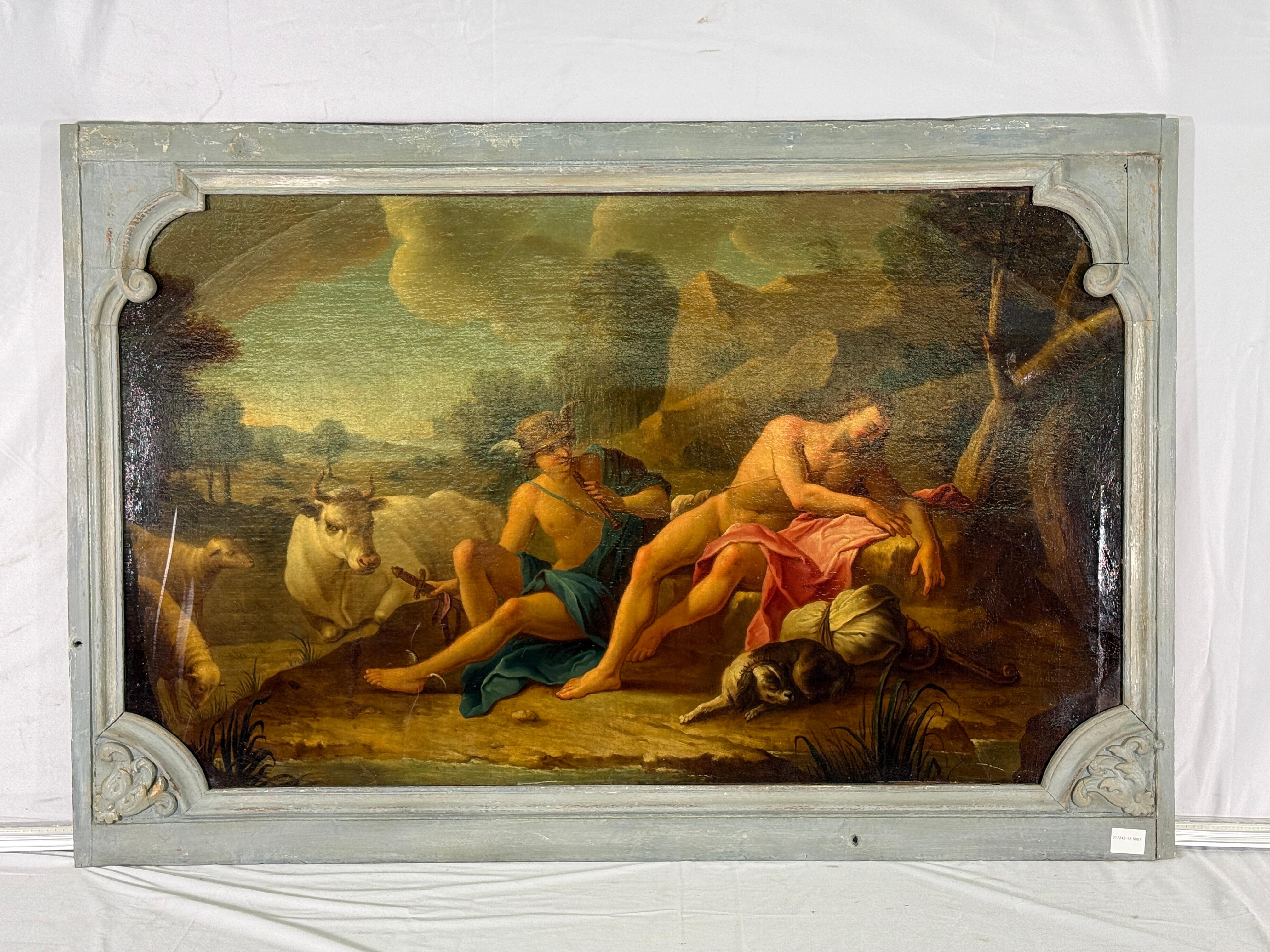 18. Jahrhundert Französisch Greco Roman mythologische Malerei
Schönes & großes Stück in Frankreich gekauft. 
Diese Szene ist den Metamorphosen von Ovid entnommen. 

Abmessungen des inneren Rahmens: Höhe 29