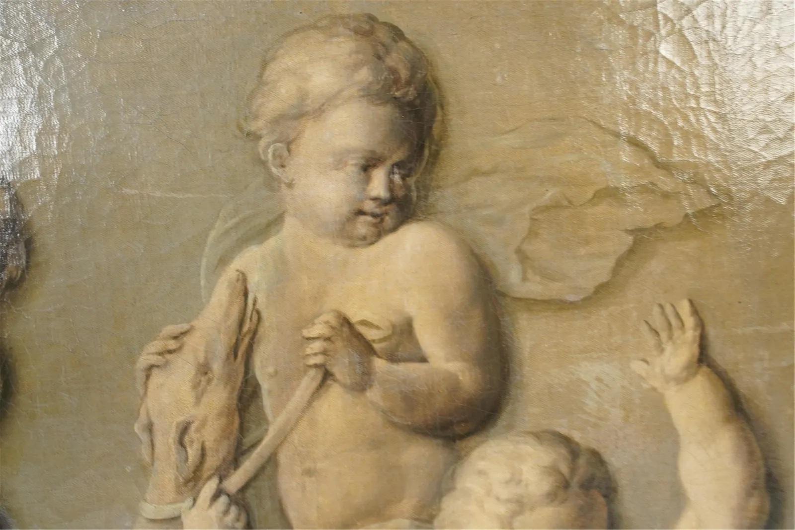 Early 18th Century French Oil on Canvas Grisaille of Putti in a Hunting Scene. Gray-green tones, sculptural looking putti in a landscape with auction stencil on stretcher and auction labels verso. Dimensions: H 40