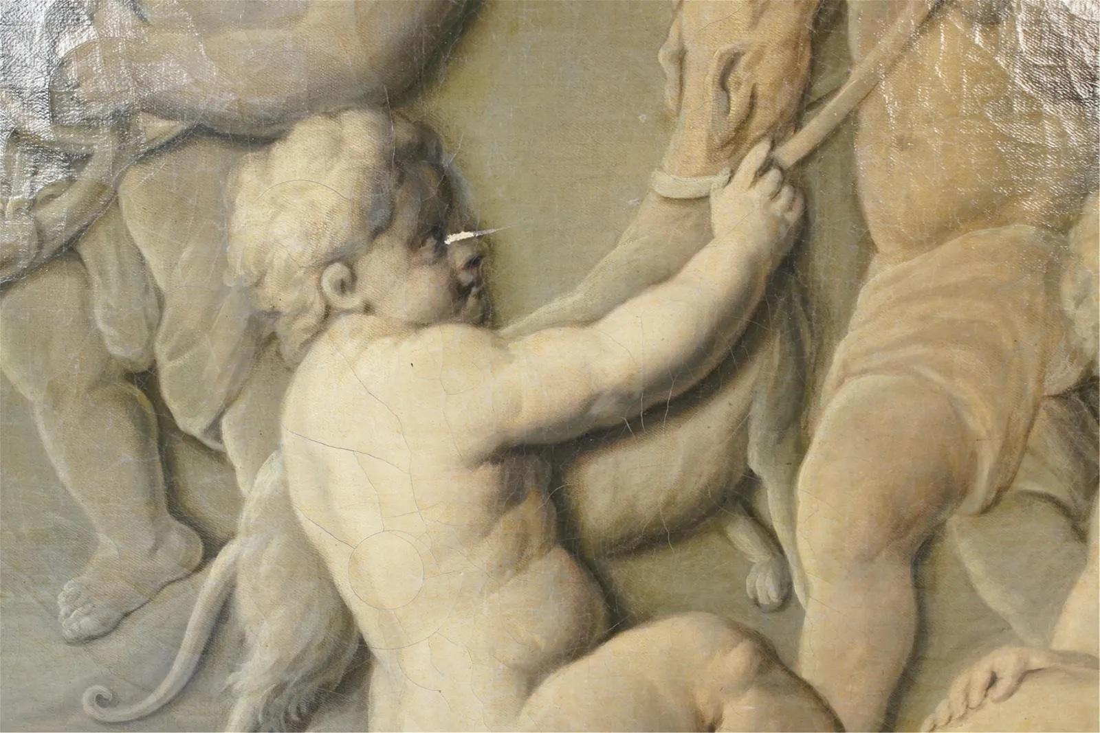 18th Century French Grisaille Painting of Putti in Hunting Scene In Good Condition For Sale In Essex, MA