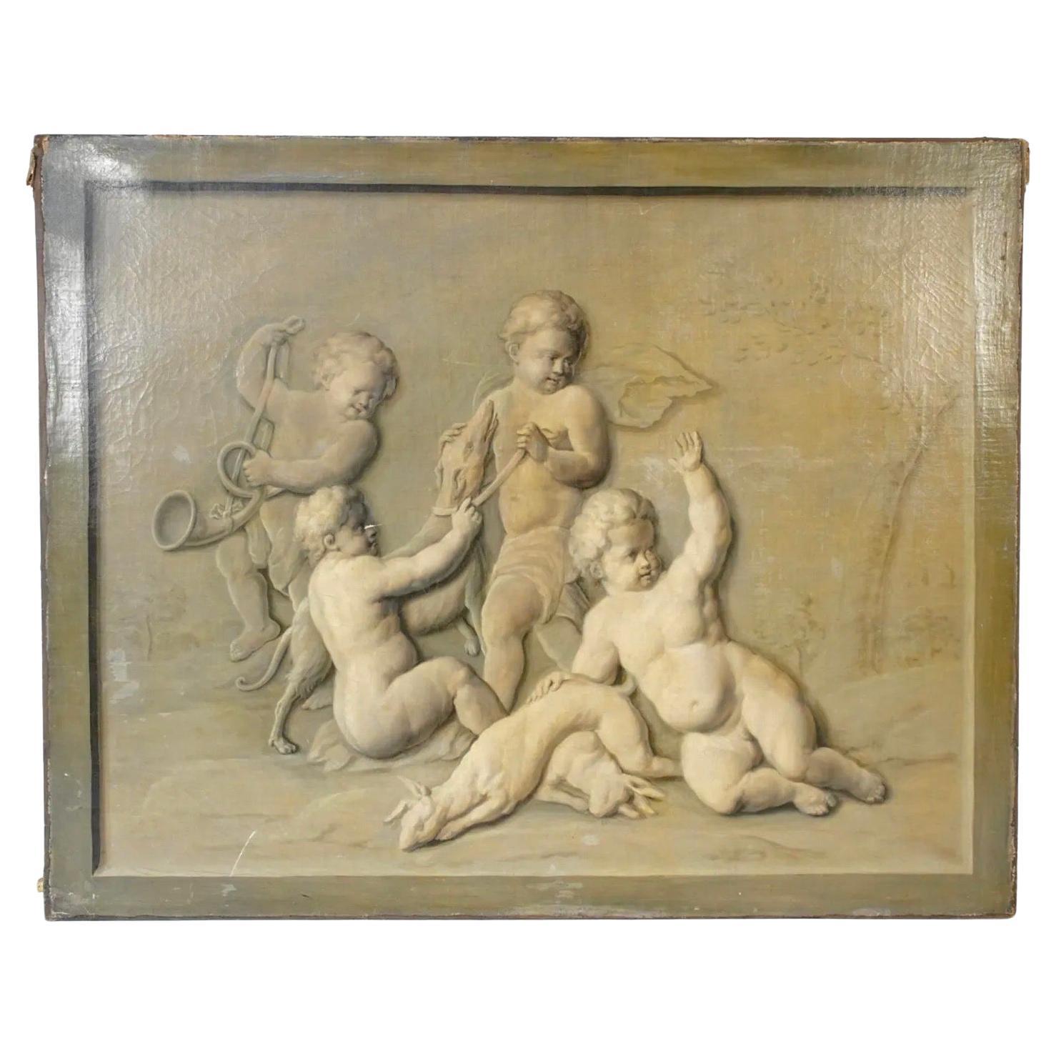 Peinture française du 18ème siècle en grisaille représentant des putti sur une scène de chasse