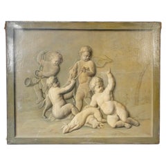 Peinture française du 18ème siècle en grisaille représentant des putti sur une scène de chasse