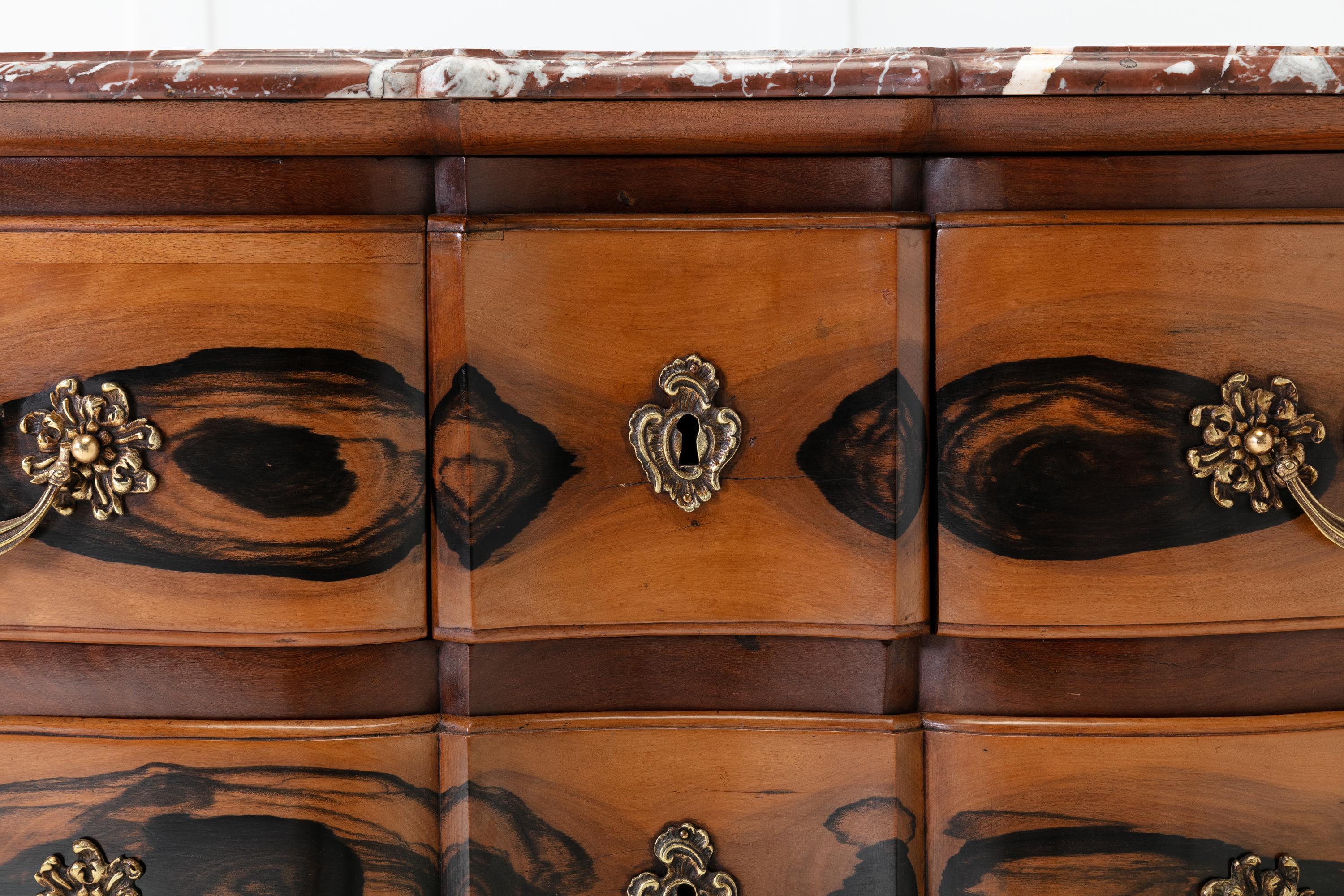 Marble 18th Century French Guaiac Wood and Walnut Commode For Sale