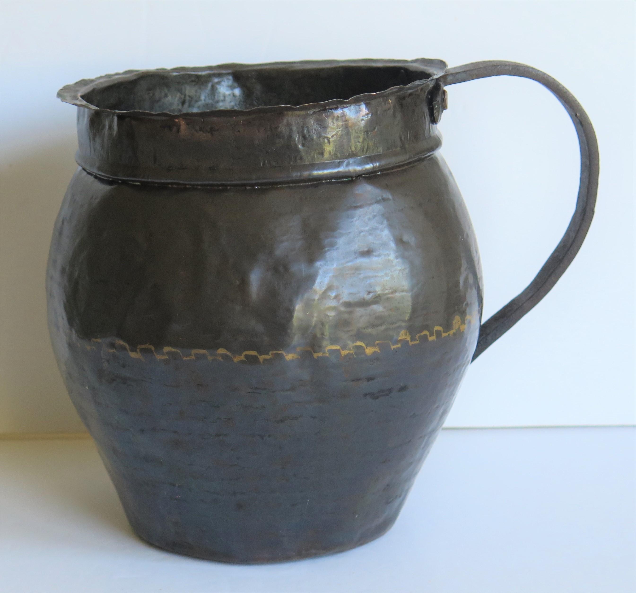 Folk Art 18th Century French Hammered Copper Jug or Pitcher with Iron Loop Handle For Sale