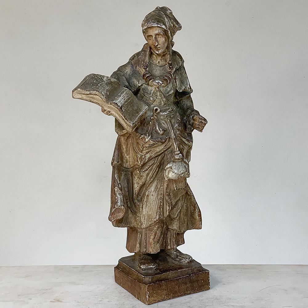 Hand-Carved 18th Century French Hand Carved and Painted Wood Statue For Sale