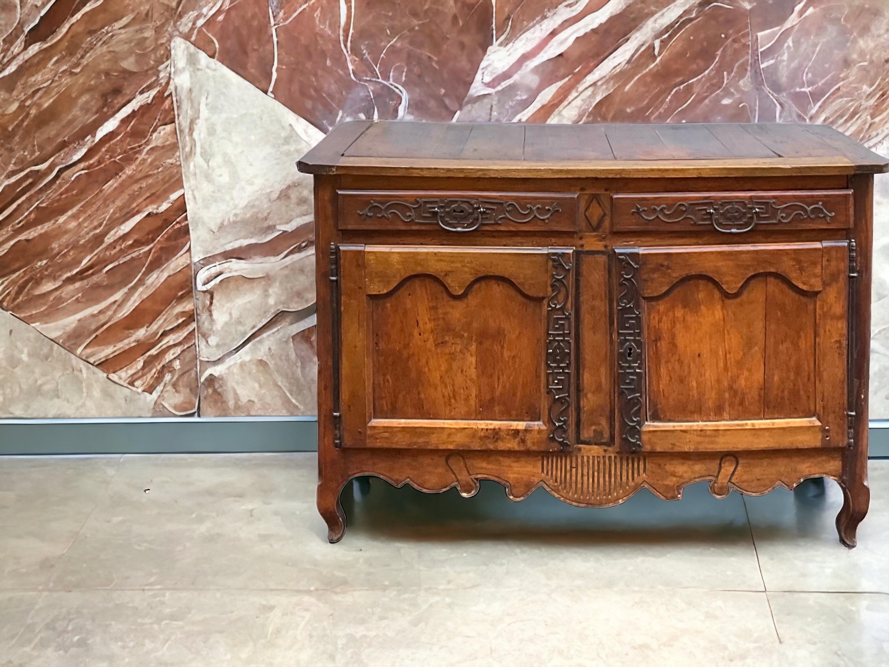 Louis XV 18th Century French Hand Carved Fruitwood & Iron Cabinet Or Sideboard For Sale