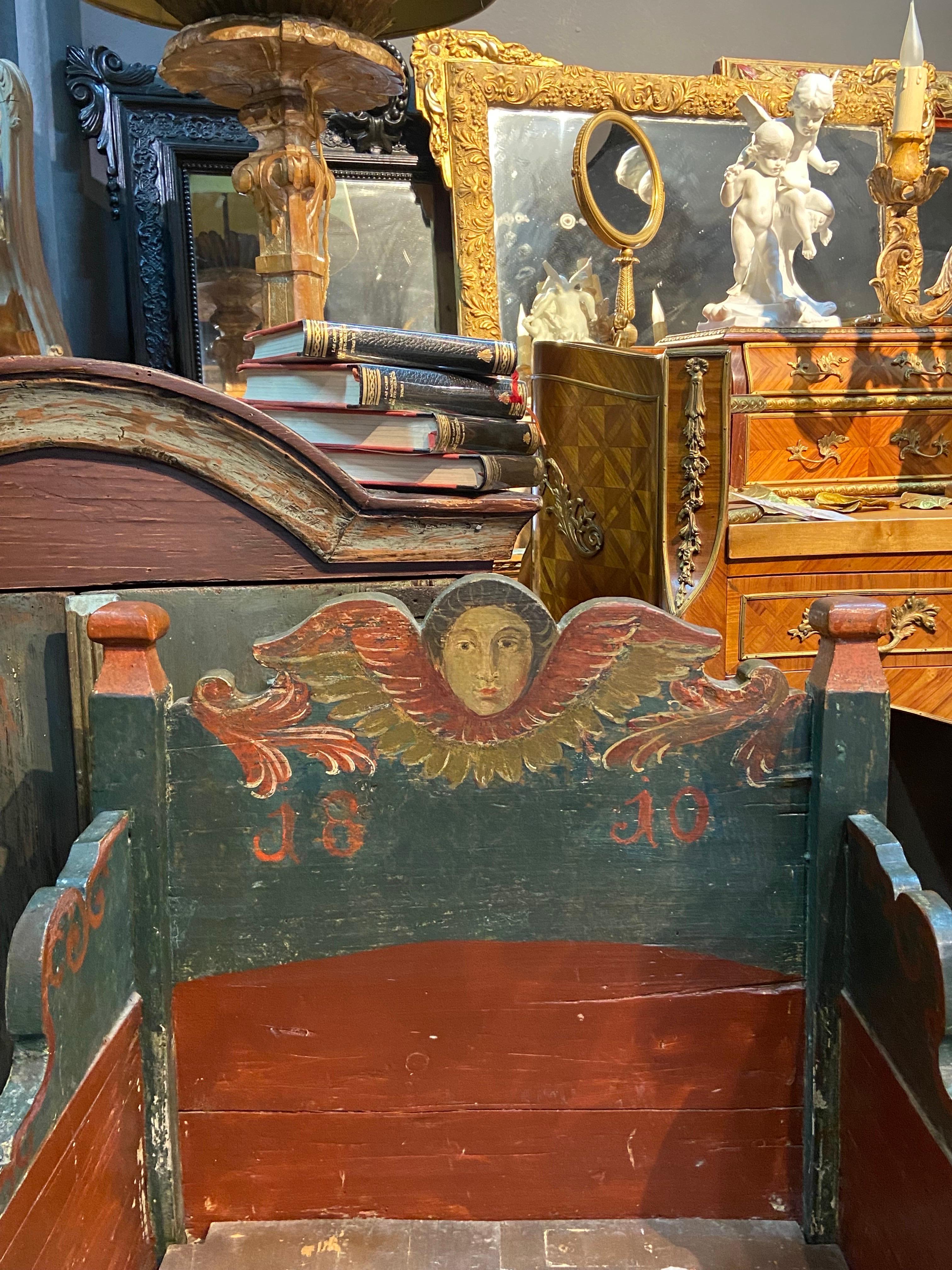 18th century antique charming and colourful hand carved and hand painted wooden baby crib or bed frame made in France. It is in very good authentic condition with no restorations made so far.
Could be used as a crib or as a wonderful decoration as