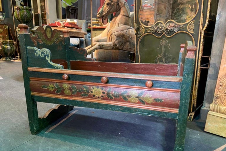 18th Century French Hand Carved Hand Painted Wooden Baby Crib or Bed