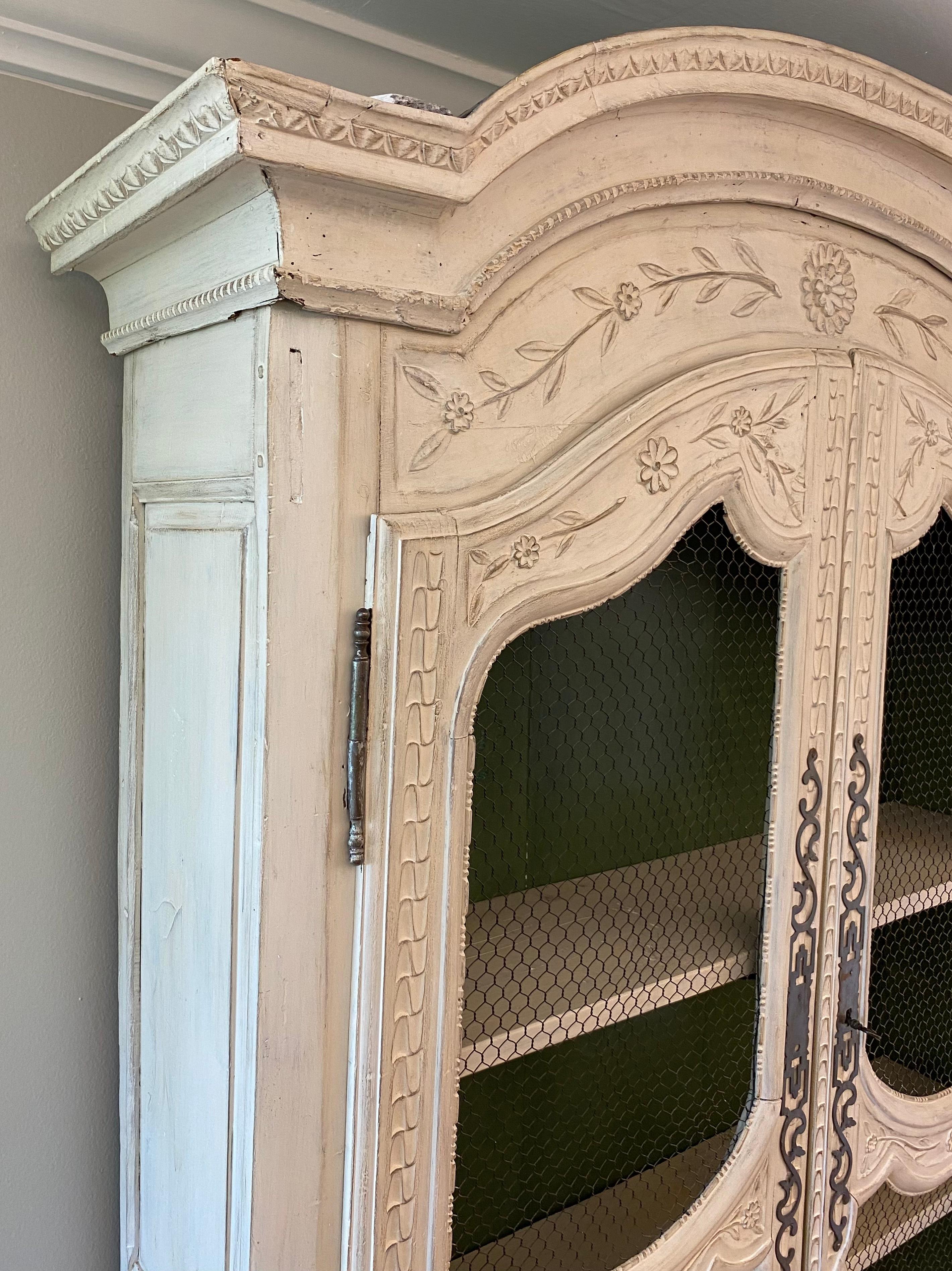 19th Century French Hand-Carved Painted Buffet deux Corps Cabinet from Normandy For Sale 7