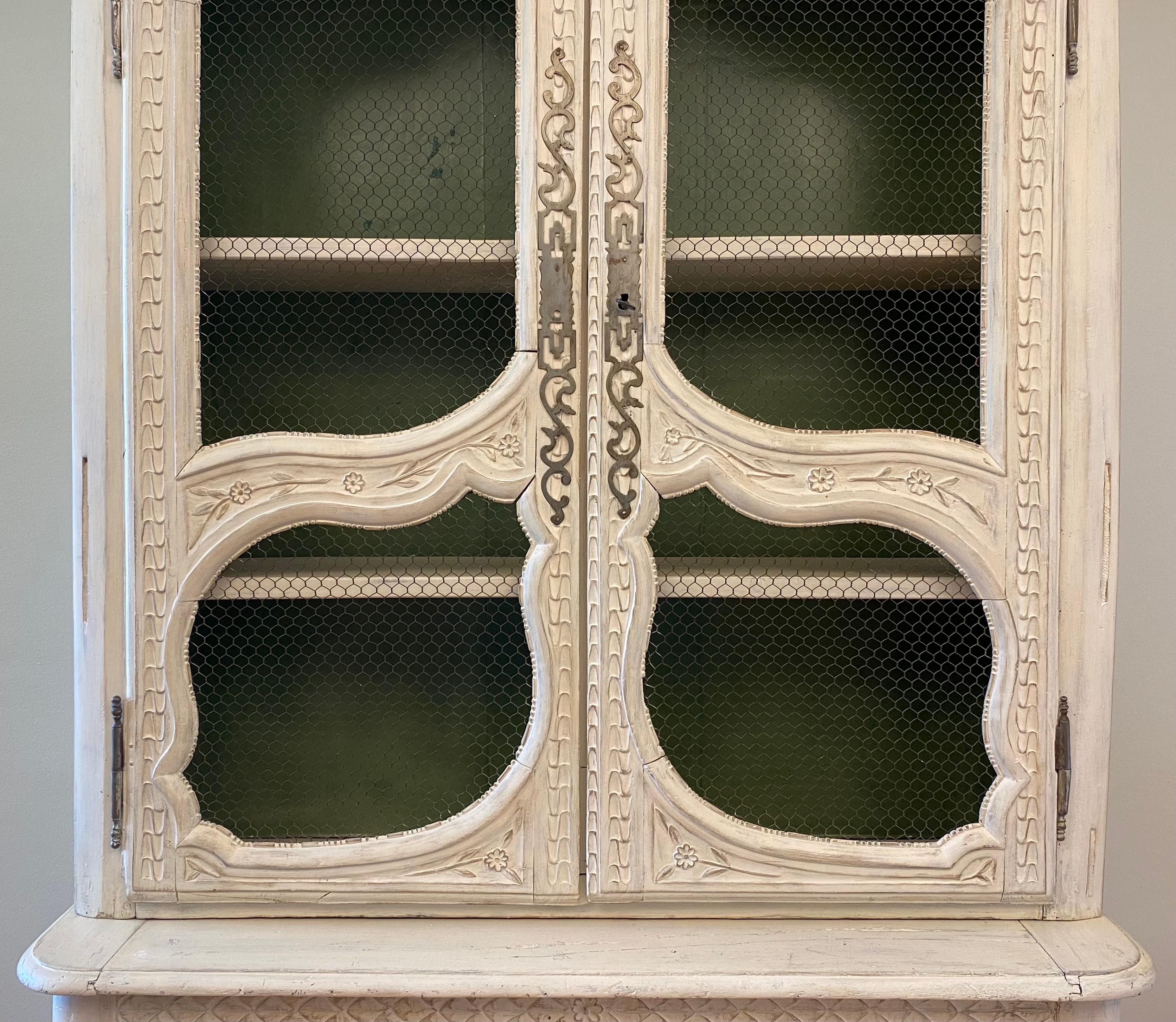19th Century French Hand-Carved Painted Buffet deux Corps Cabinet from Normandy For Sale 9