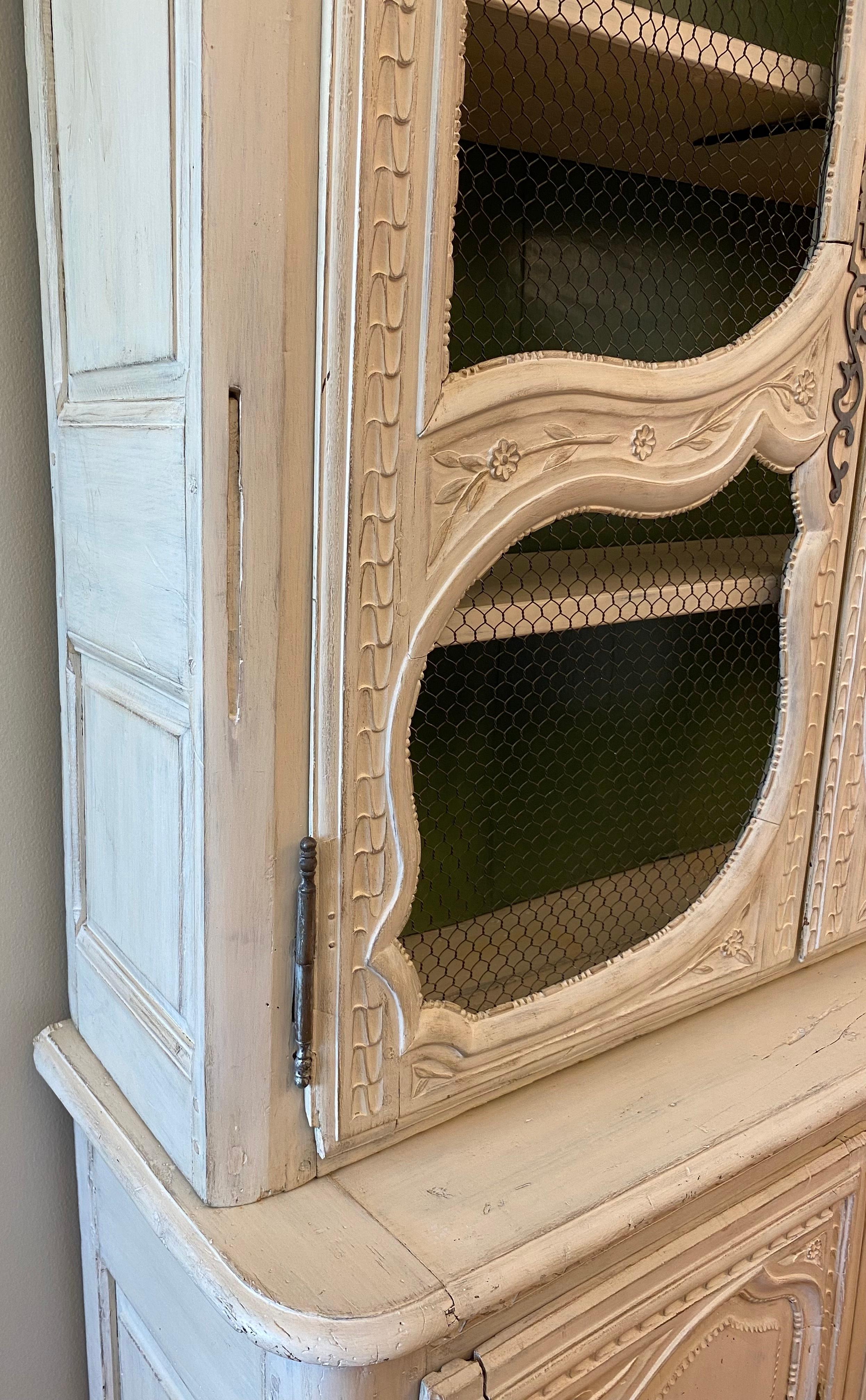 19th Century French Hand-Carved Painted Buffet deux Corps Cabinet from Normandy For Sale 10