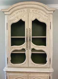 19th Century French Hand-Carved Painted Buffet deux Corps Cabinet from Normandy